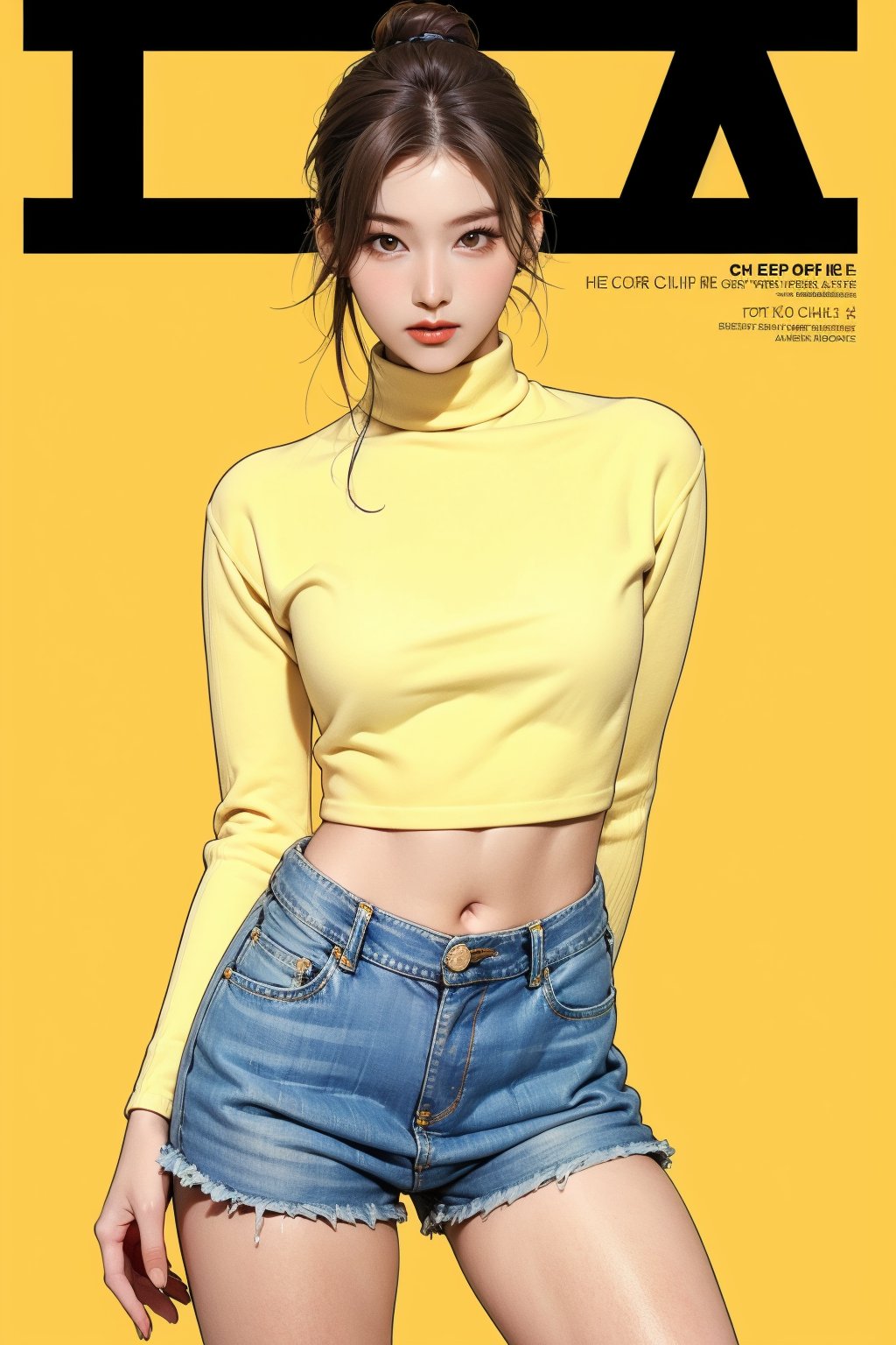 1girl, thigh up body, detailed clothes, kpop idol, turtle_neck_croptop, wide_legs_loose_jeans, looking at viewer, sharp focus, magazine cover, yellow background, ((outline,)) chimai, aespakarina,sanatw