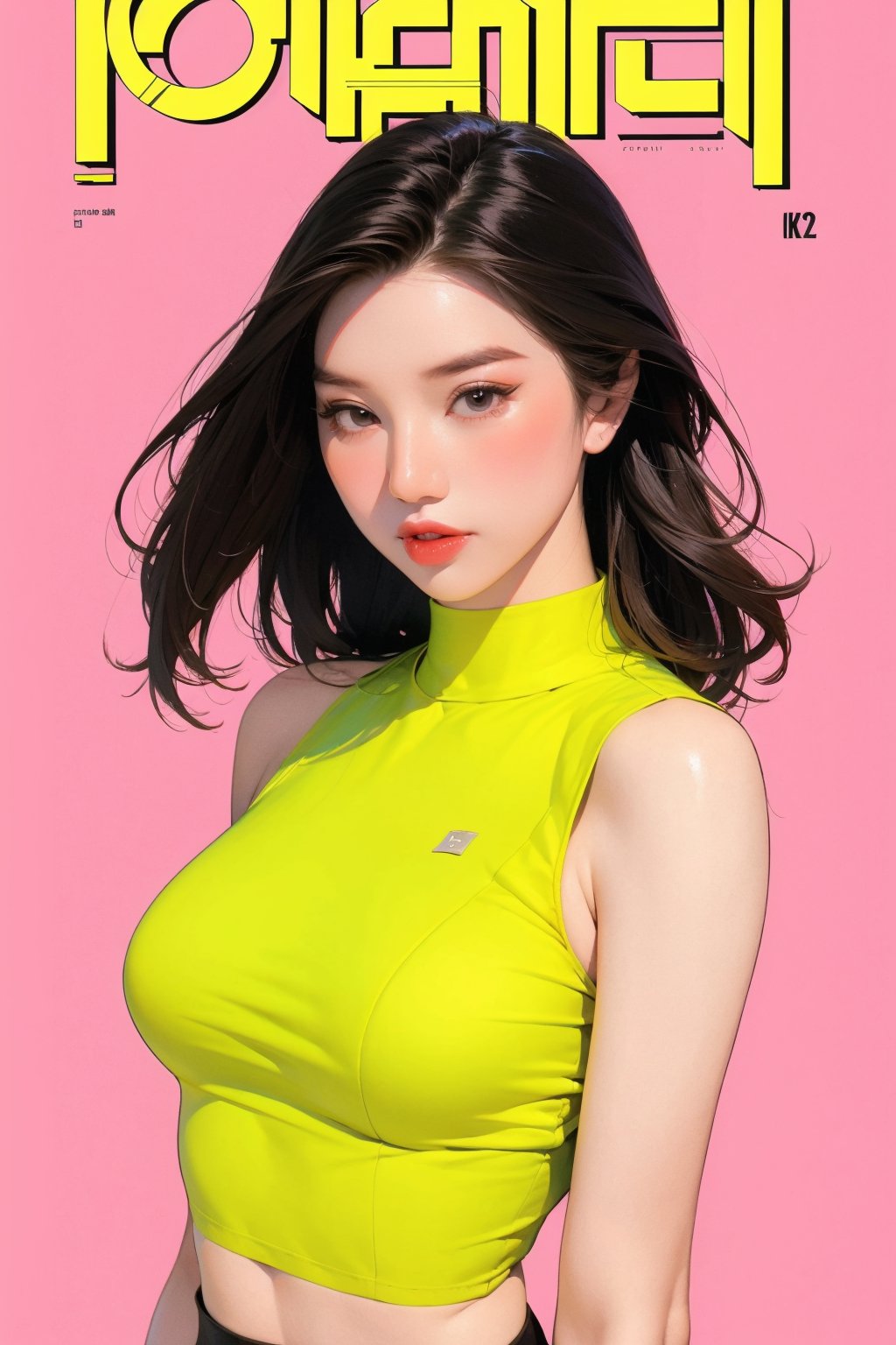 1girl, looking at viewer, styled clothes, turtle neck croptop, sleeveless, hairstyle, sharp focus, magazine cover, coloful background, 2D artstyle, outline, 

chimai,hine,hakil,yuong01,johyun,sim,haohaoulz,kn