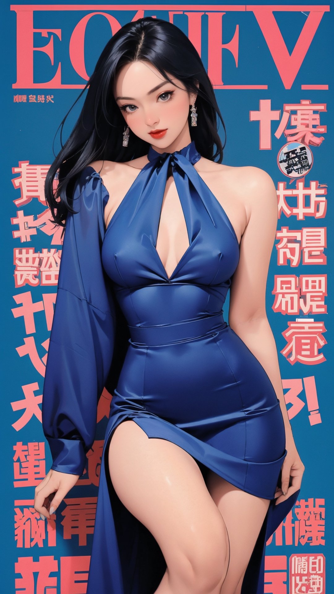 1girl, looking at viewer, thigh up body, stocking, earings, elegant, allure emotion, nsfw, blue background, hairstyle, styled clothes, cutout clothes, dynamic composition, ultra detailed, best quality, sharp focus, magazine cover, outline, 2D artstyle,aespakarina,htt,sim