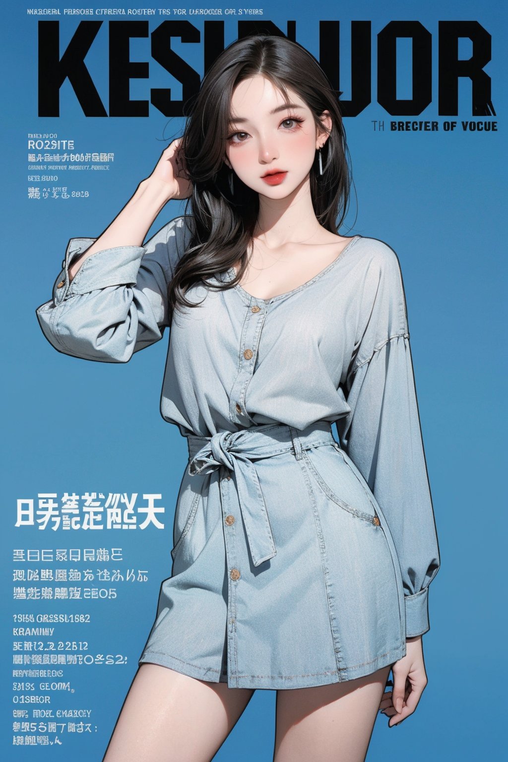 1girl, thigh up body, eyewear, styled outfit, ((looking at viewer,)) earrings, magazine cover, blue background, hine, hakil, kmiu