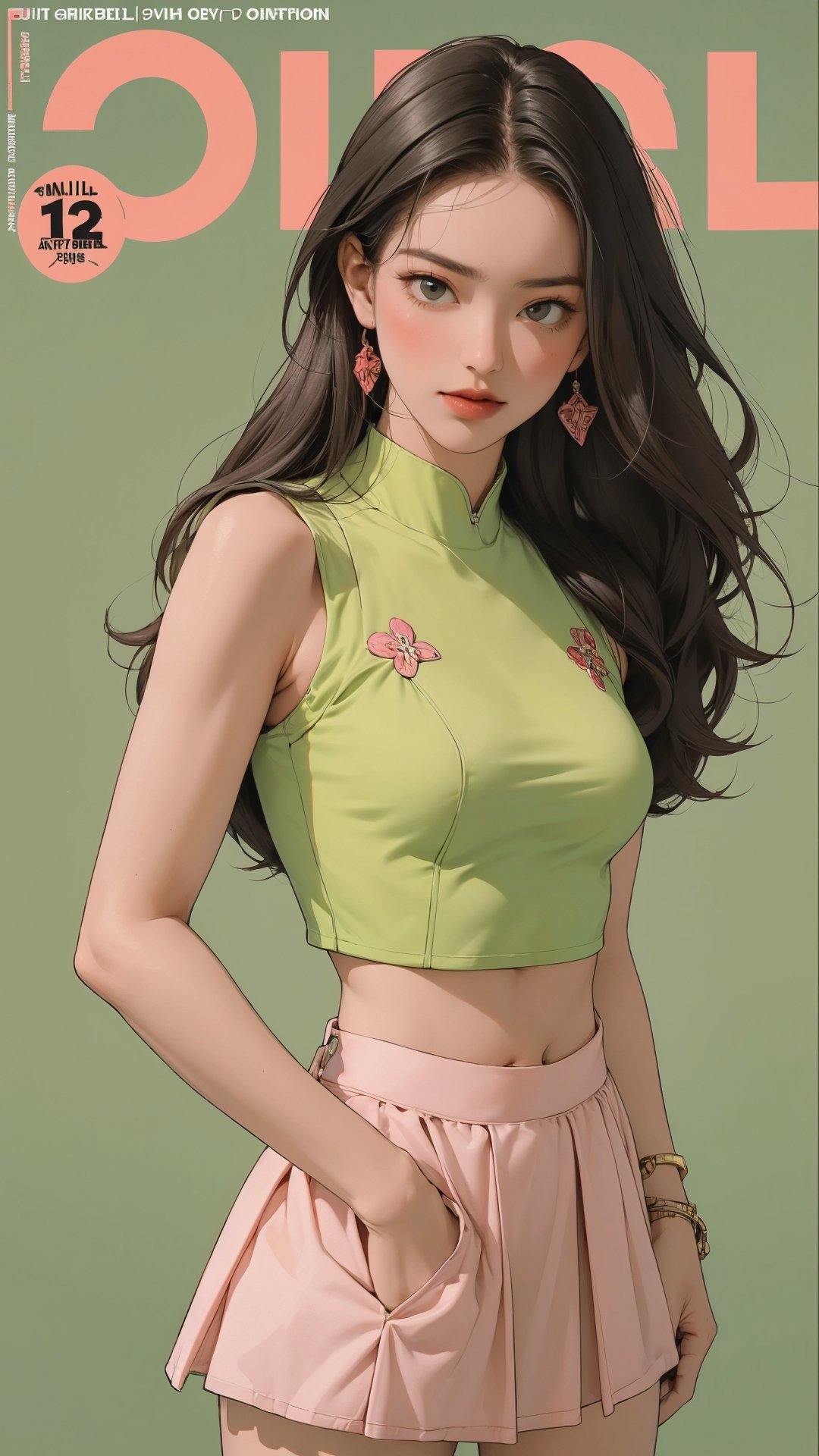 1girl, standing, thigh up body, ((looking at viewer, tennis girl outfit, miniskirt, midriff,)) center opening, 2D artstyle, magazine cover, outline, earings, blush, green background, hairstyle, ultra detailed, best quality, sharp focus,rosé,jisoo,shuhua,kn