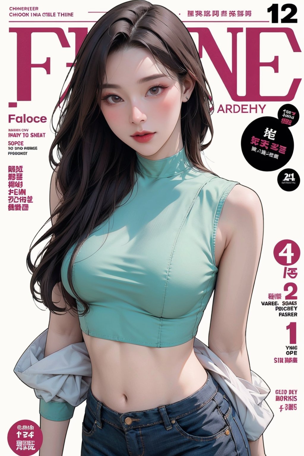 1girl, looking at viewer, styled clothes, turtle neck croptop, sleeveless, hairstyle, sharp focus, magazine cover, coloful background, 2D artstyle, outline, 

chimai,hine,hakil,yuong01,johyun,sim