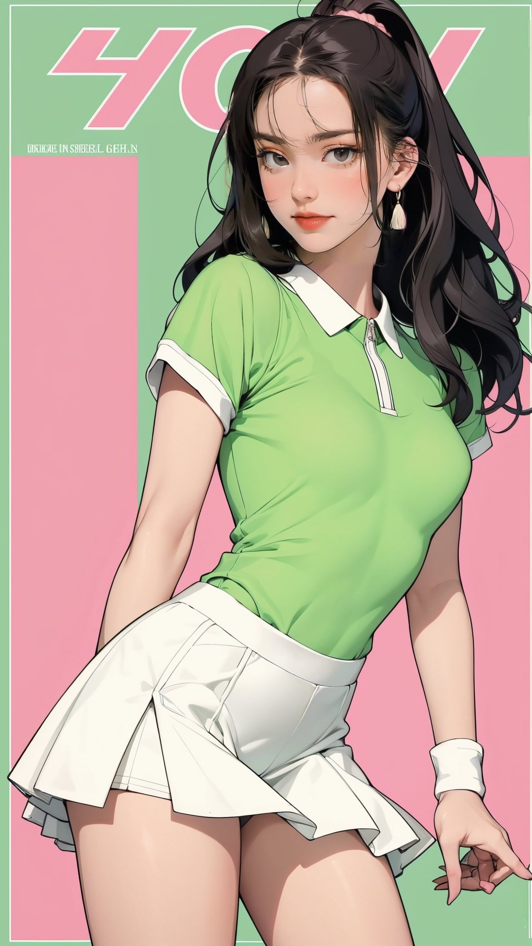 1girl, standing, thigh up body, ((looking at viewer, tennis girl outfit,)) 2D artstyle, magazine cover, outline, earings, blush, green background, hairstyle, ultra detailed, best quality, sharp focus,rosé,jisoo,shuhua,kn