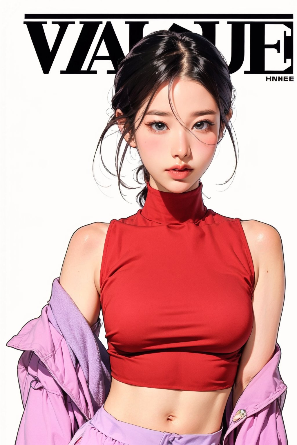 1girl, looking at viewer, styled clothes, turtle neck croptop, sleeveless, hairstyle, sharp focus, magazine cover, coloful background, 2D artstyle, outline, 

chimai,hine,hakil,yuong01,johyun