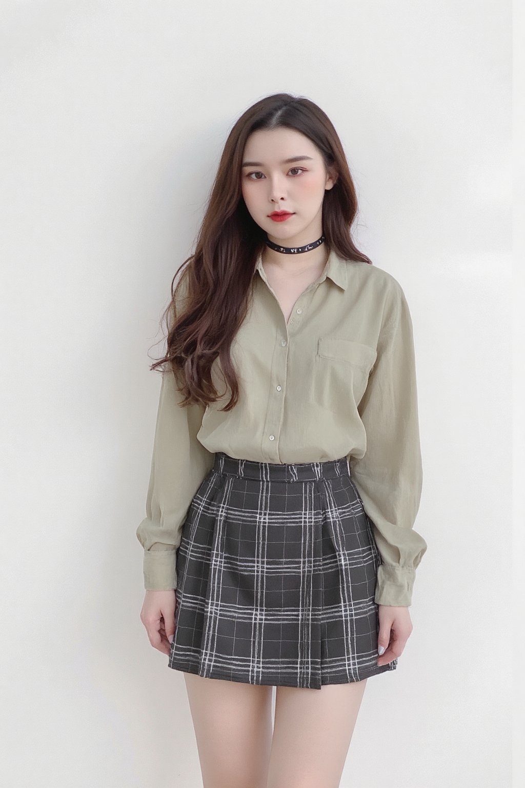 portrait, 1girl, thigh up, light make up, styled shirt, skirt, piercing, looking at viewer, make up, choker, hairstyled, white background, highres, accurate color reproduction, sharp focus, 
aespakarina, chimai,Enhanced all,charcoal \(medium\),yuongg,hine,hakil,haoulz