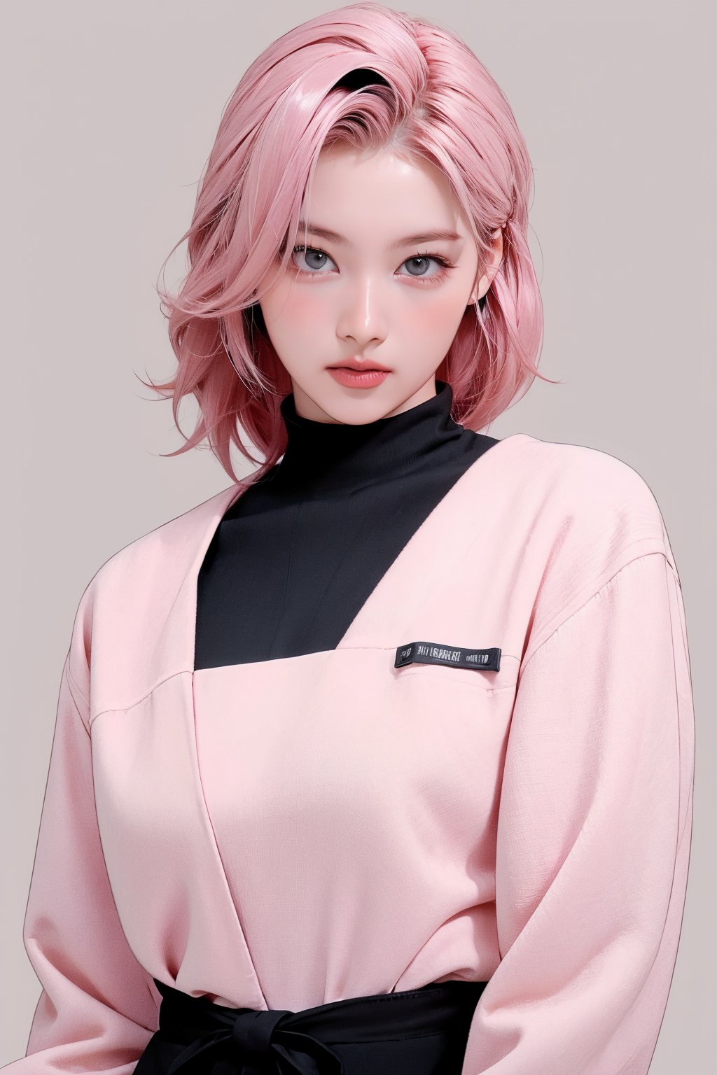 1girl, hip up, looking at viewer, pink hair, styled outfit, ultra detail, accurate color reproduction, grey black background, best quality, professionally color graded, wide angle, artwork, blurring effect, natural lighting, cinematic, sanatw