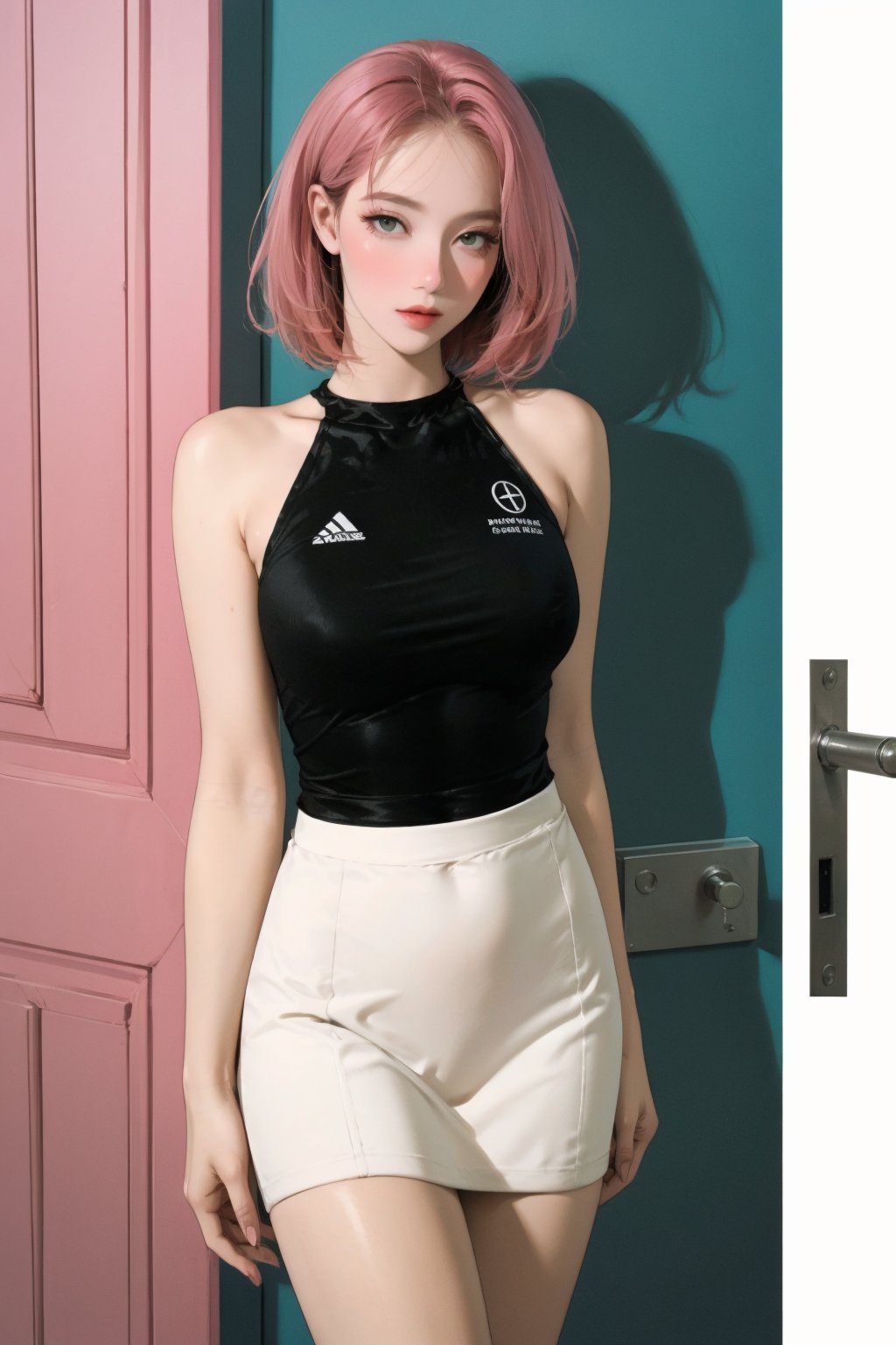 lustful, allure, sexy, ((sport_girl outfit)), 1girl, pink hair, thigh up body, looking at viewer, translucent, intricate clothes, cutout clothes, cinematic lighting, different hairstyle, magazine cover, green background,  kmiu,open door, doorway