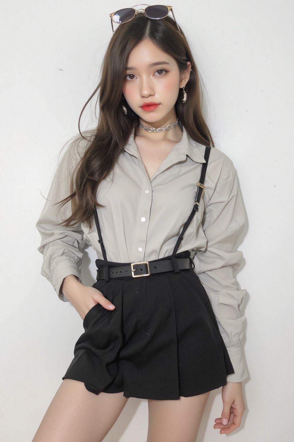 portrait, 1girl, thigh up, light make up, styled shirt, skirt, piercing, looking at viewer, make up, choker, hairstyled, white background, highres, accurate color reproduction, sharp focus, 
aespakarina, chimai,Enhanced all,charcoal \(medium\),yuongg,hine,hakil