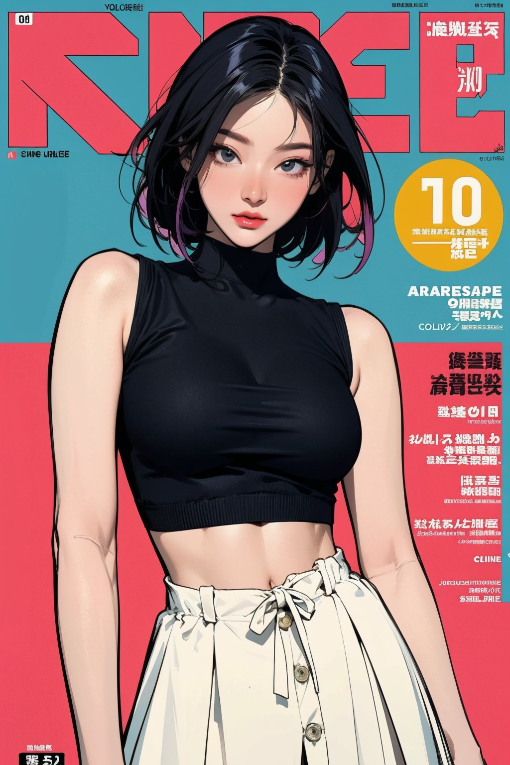 1girl, looking at viewer, styled clothes, turtle neck croptop, sleeveless, hairstyle, sharp focus, magazine cover, coloful background, 2D artstyle, outline, 

chimai,hine,hakil,yuong01,johyun