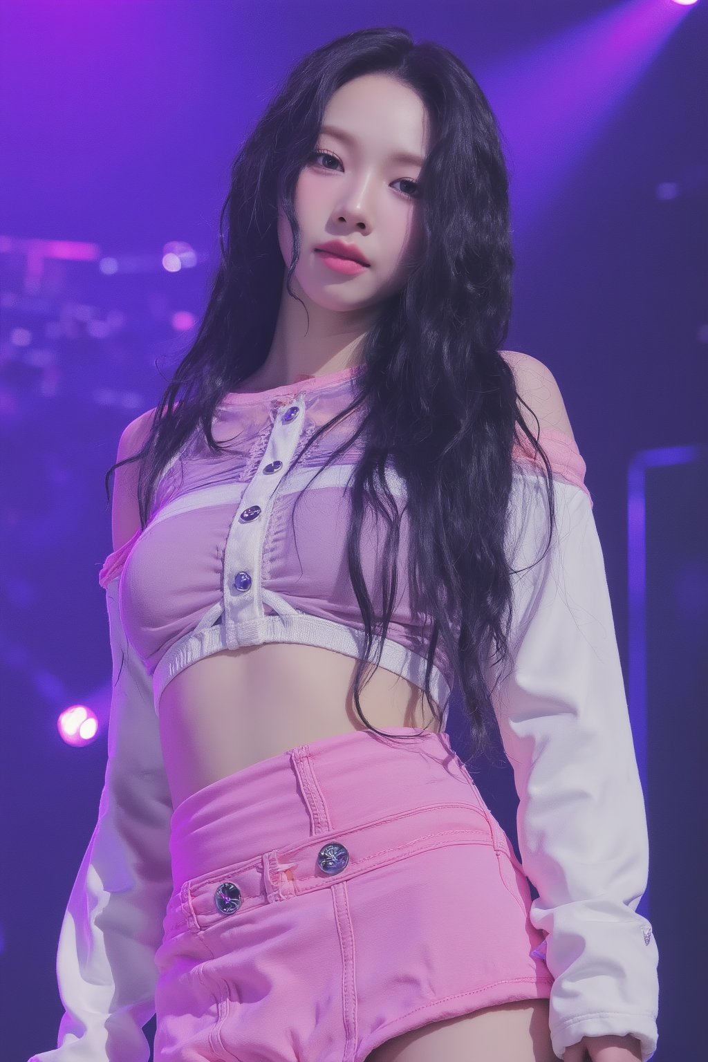 1girl, thigh up body, kpop idol, styled shirt, skirt, dark purple straight hair, on stage, detailed clothes, looking at viewer, ultra detailed, beautiful face, natural lighting, magazine cover, 2.5D artstyle, best quality, masterpiece, aespakarina, straight camera angle, white lighting, noise picture,