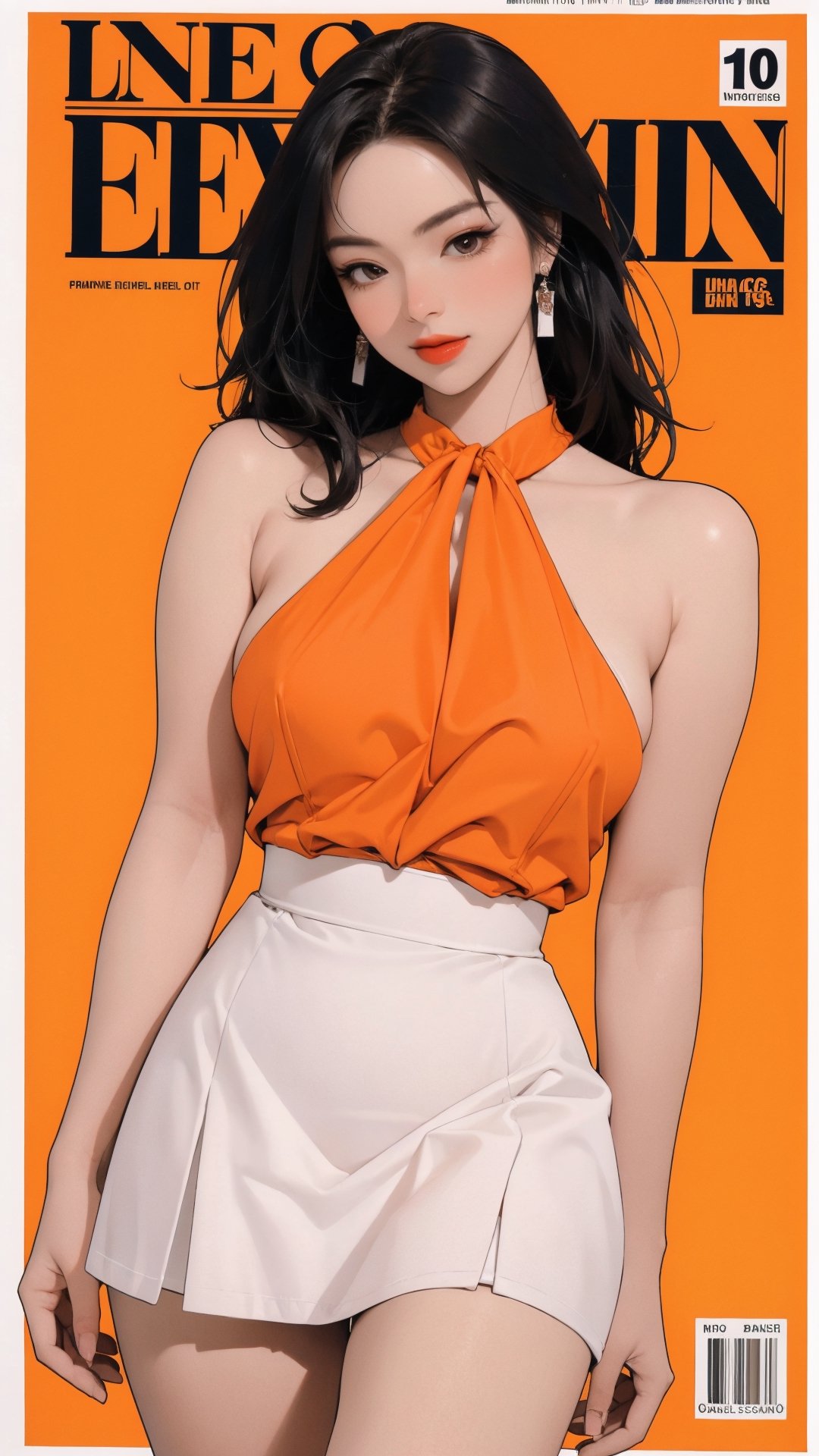 1girl, looking at viewer, thigh up body, stocking, earings, elegant, allure emotion, nsfw, orange background, hairstyle, styled clothes, cutout clothes, dynamic composition, ultra detailed, best quality, sharp focus, magazine cover, outline, 2D artstyle,aespakarina,htt,sim