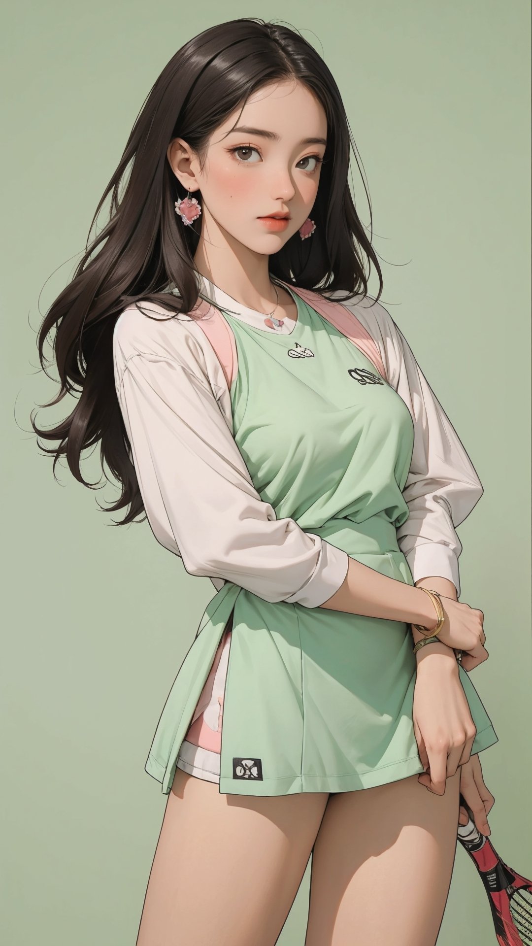 1girl, standing, thigh up body, ((looking at viewer, tennis girl outfit,)) 2D artstyle, magazine cover, outline, earings, blush, green background, hairstyle, ultra detailed, best quality, sharp focus,rosé,jisoo,shuhua,kn