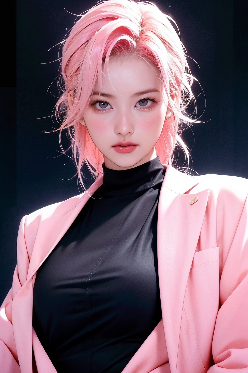 1girl, hip up, looking at viewer, pink hair, styled outfit, ultra detail, accurate color reproduction, black background, best quality, professionally color graded, wide angle, artwork, blurring effect, professional lighting, cinematic, sanatw