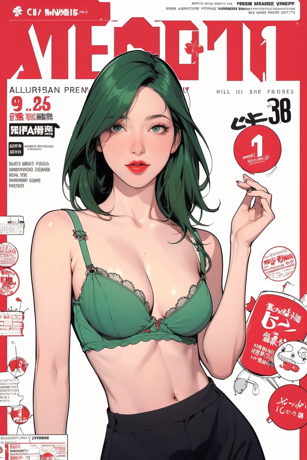 mature, lustful, allure, 1girl, green hair, red lips, eye_lens, detailed and styled clothes, styled top, bra, medium breasts, skirt, looking at viewer, best quality, masterpiece, sharp focus, hakil, magazine cover, ((outline, 2D manga artstyle,))