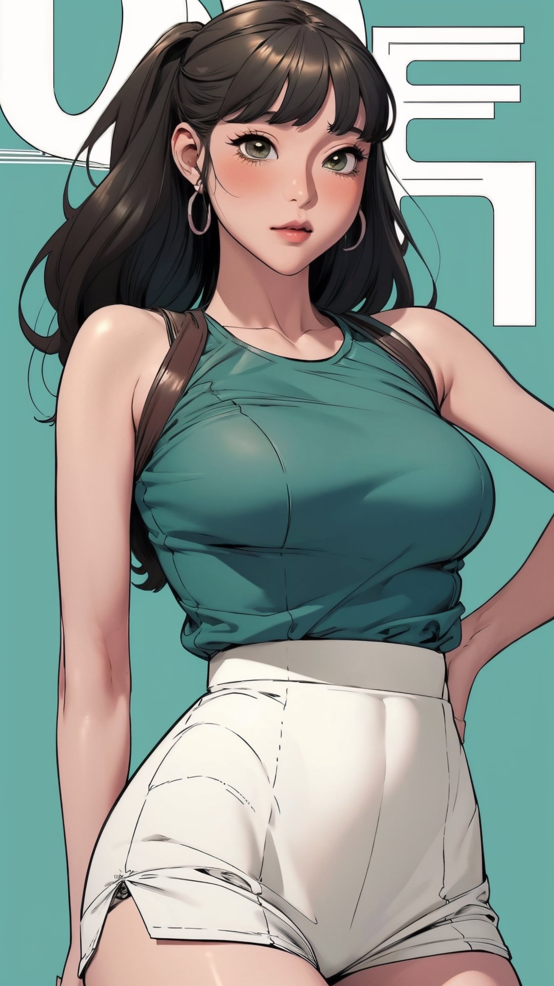 1girl, standing, thigh up body, ((looking at viewer, tennis girl outfit, center opening,)) 2D artstyle, magazine cover, outline, earings, blush, green background, hairstyle, ultra detailed, best quality, sharp focus, ,DiaSondef,sophiesw,Mia ,Anna 