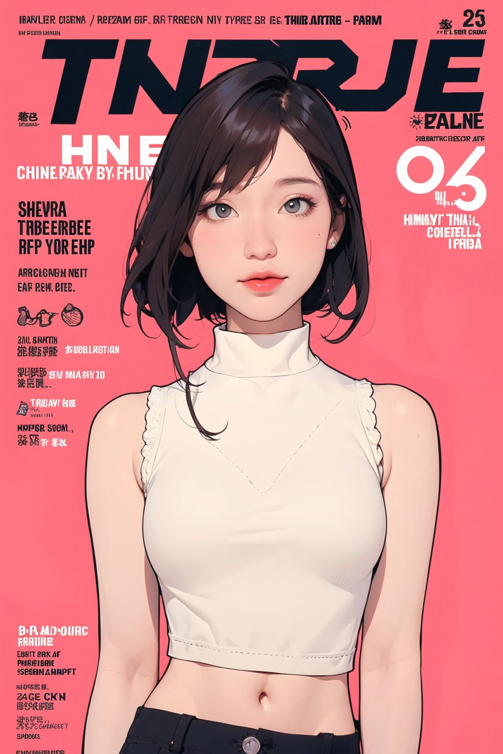 1girl, looking at viewer, styled clothes, turtle neck croptop, sleeveless, hairstyle, sharp focus, magazine cover, coloful background, 2D artstyle, outline, chimai,hine