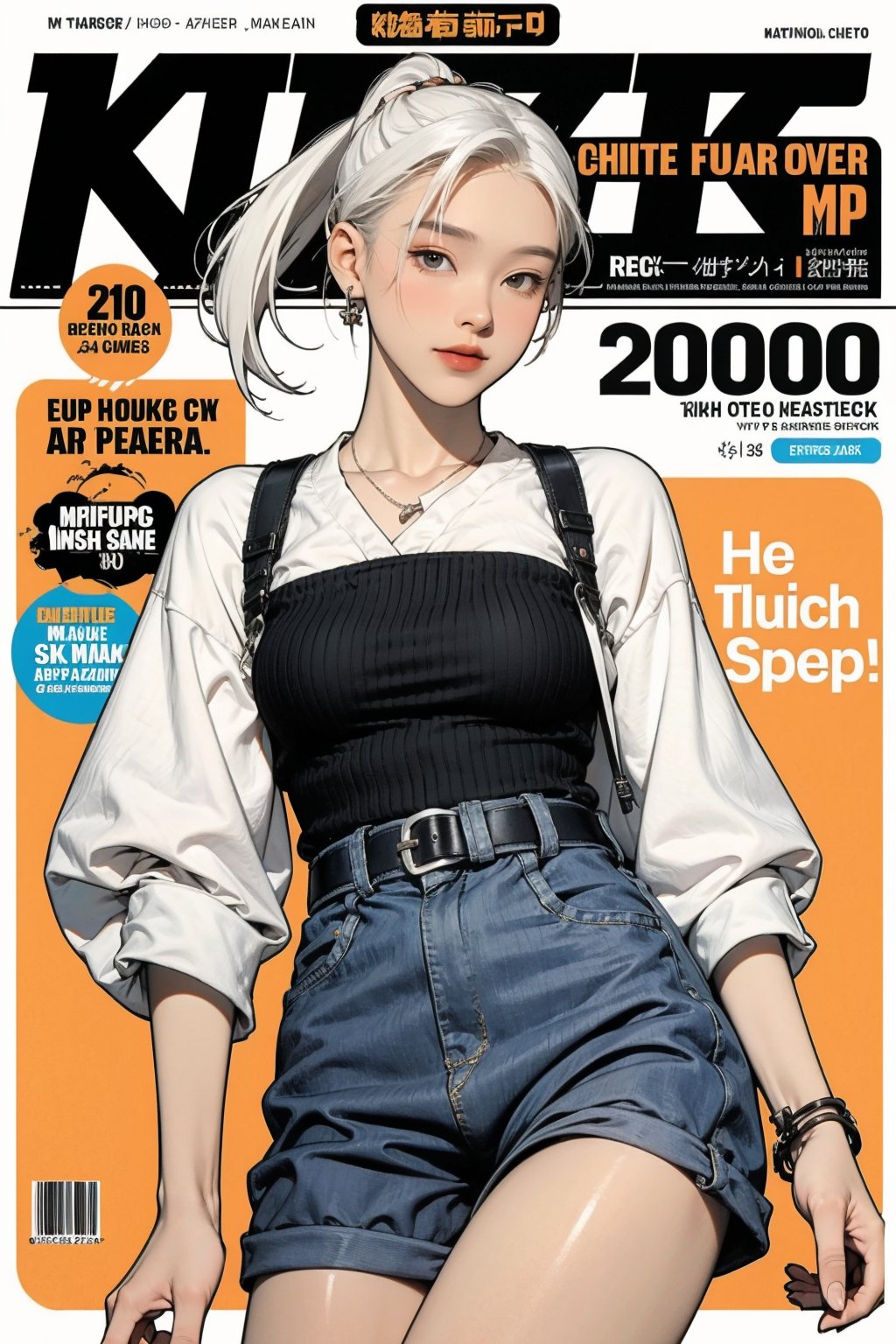 1girl, white hair, bracelets, ((thigh up body,)) looking at viewer, hairstyle, earrings, intricate background, magazine cover, aespakarina, headphone,mthanhh