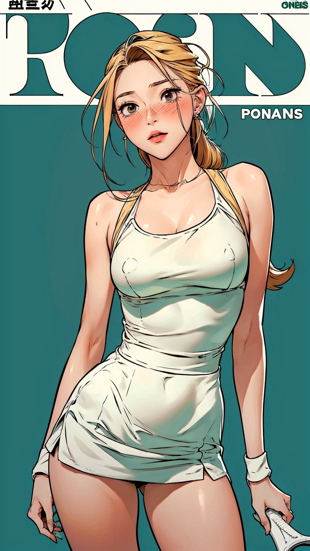 1girl, standing, thigh up body, ((looking at viewer, tennis girl outfit, center opening,)) 2D artstyle, magazine cover, outline, earings, blush, green background, hairstyle, ultra detailed, best quality, sharp focus, ,DiaSondef,sophiesw