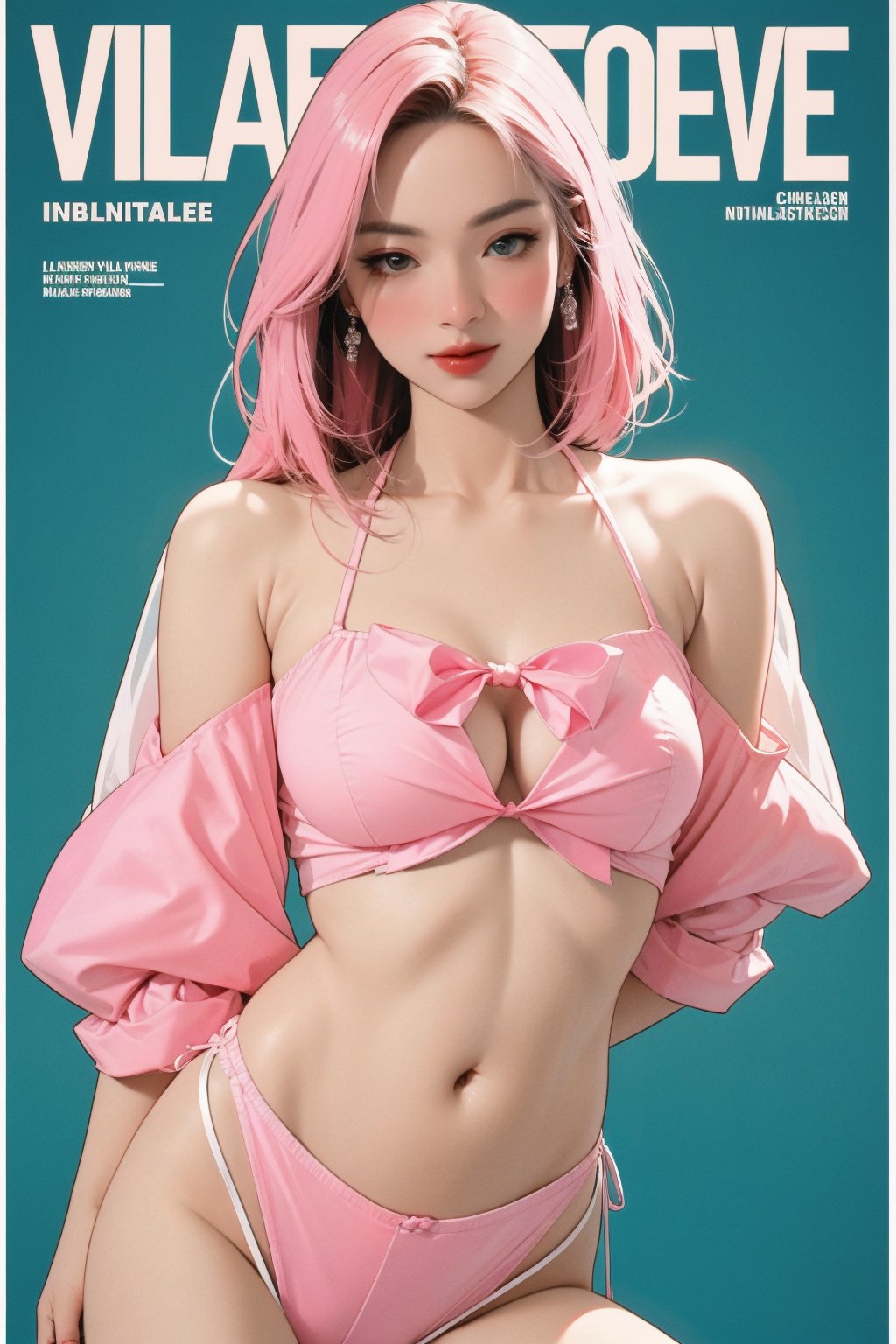 lustful, allure, sexy, 1girl, cyan pink hair, thigh up body, ((detailed beautiful face,)) detailed beautiful eyes, looking at viewer, translucent, intricate clothes, cutout clothes, navel cutout, cinematic lighting, different hairstyle, magazine cover, green background, sim