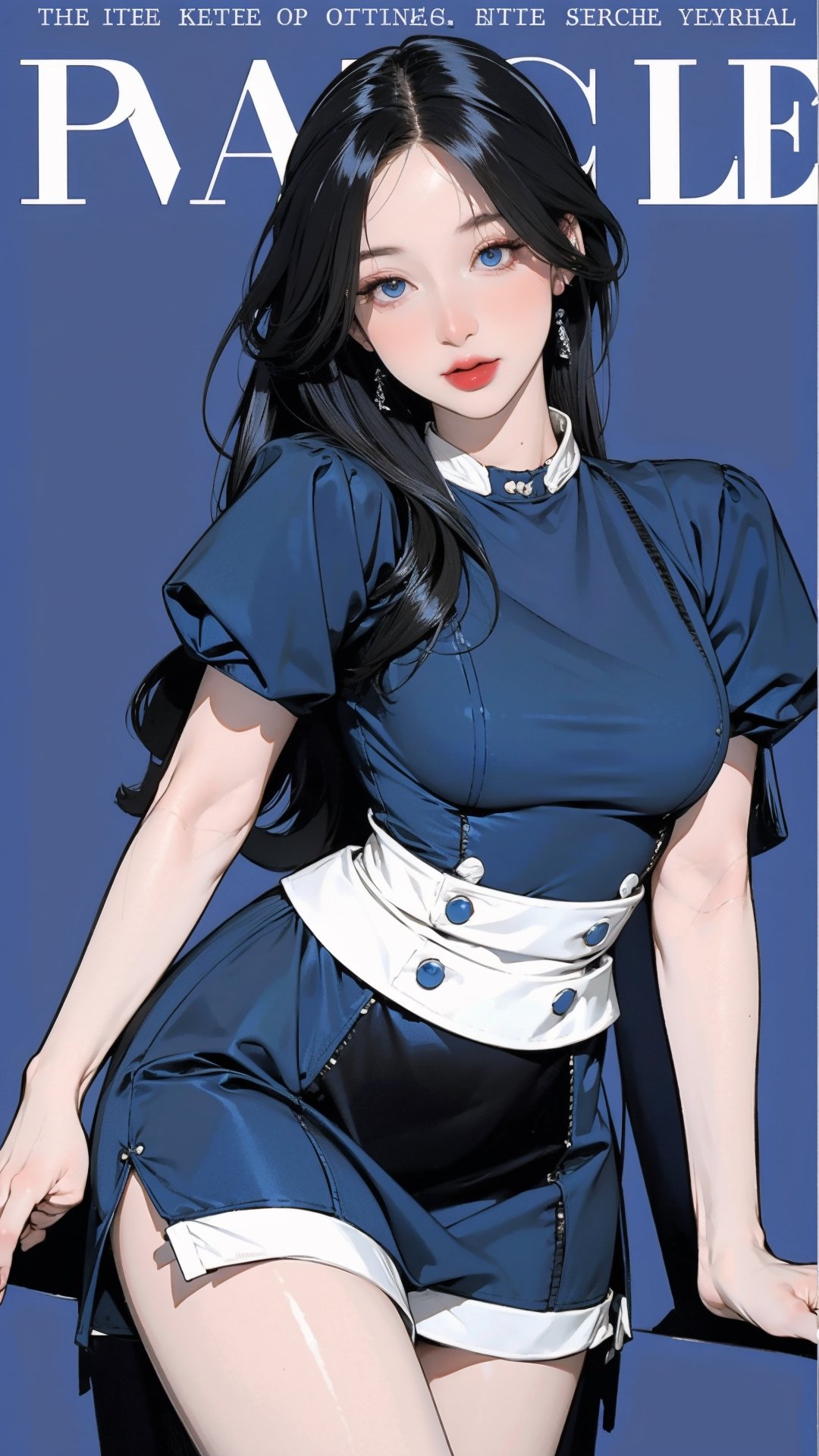 1girl, looking at viewer, thigh up body, stocking, earings, elegant, allure emotion, nsfw, blue background, hairstyle, styled clothes, cutout clothes, dynamic composition, ultra detailed, best quality, sharp focus, magazine cover, outline, 2D artstyle,aespakarina,htt