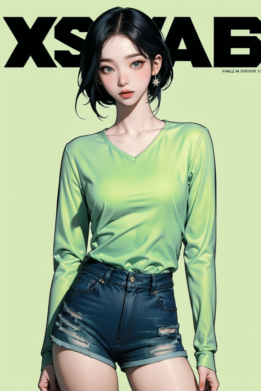 1girl, thigh up body, detailed clothes, kpop idol, hairstyle, long sleeves v_neck shirt, shorts, looking at viewer, sharp focus, magazine cover, green background, ((outline,)) chimai, aespakarina,sanatw