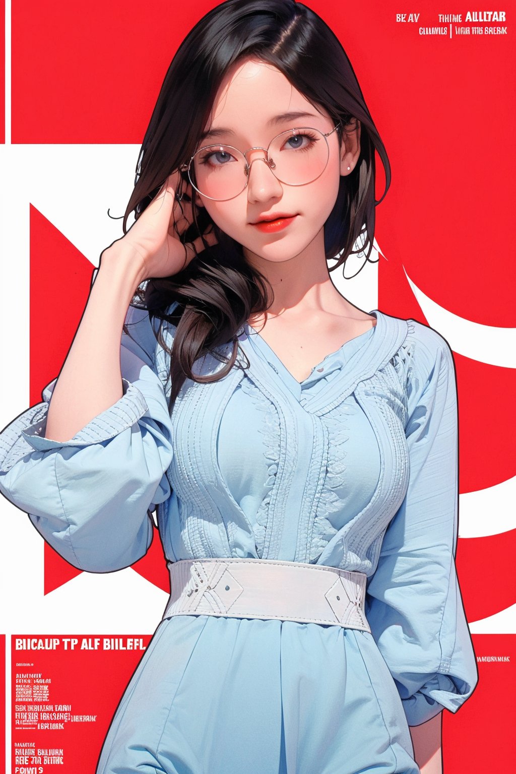 allure, lustful, 1girl, thigh up body, looking at viewer, translucent, intricate clothes, cutout clothes, ((blue white clothes)), cinematic lighting, hairstyle, magazine cover, red background, hakil, eyeglasses,