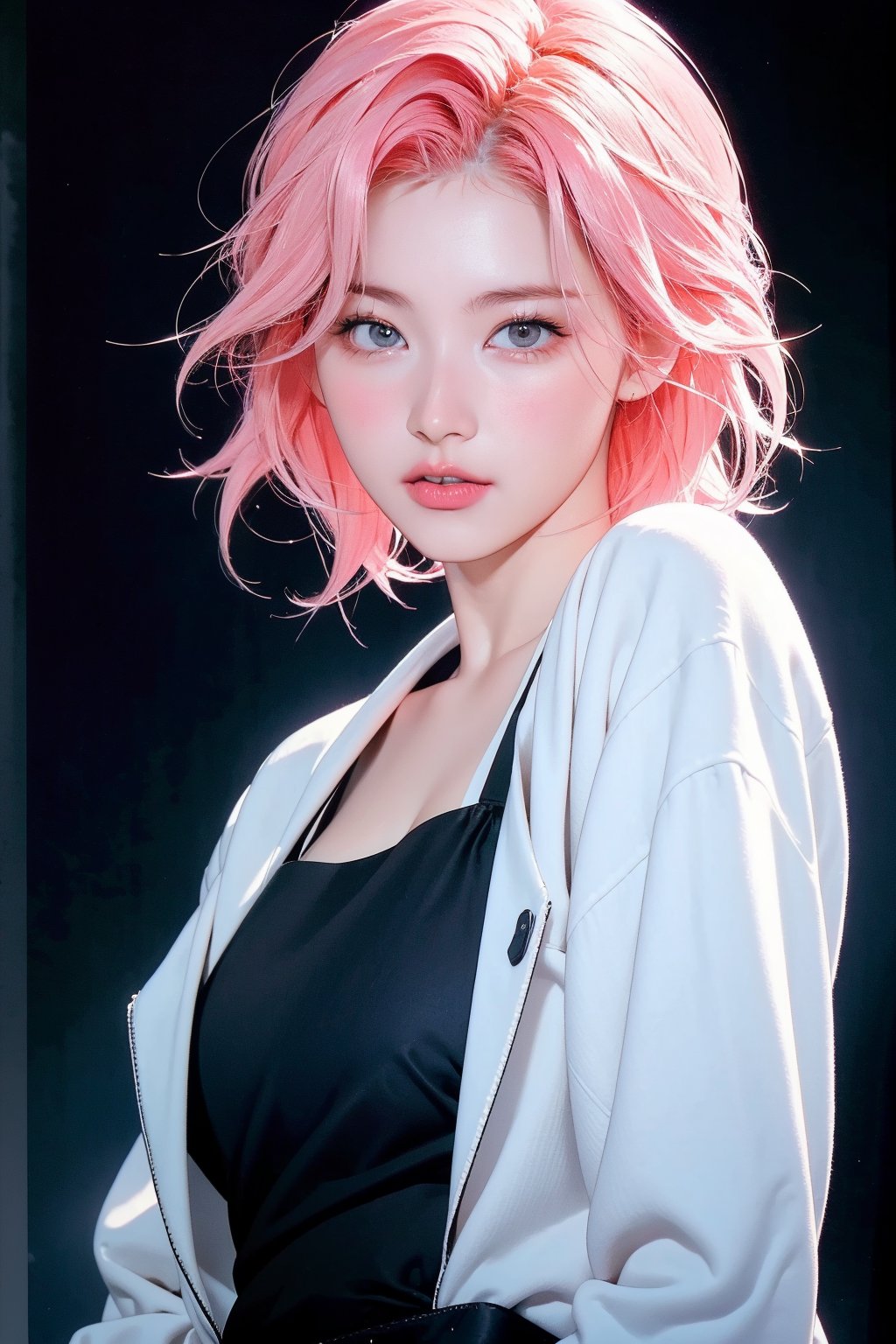 1girl, hip up, looking at viewer, pink hair, styled outfit, ultra detail, accurate color reproduction, black background, best quality, professionally color graded, wide angle, artwork, blurring effect, professional lighting, cinematic, sanatw