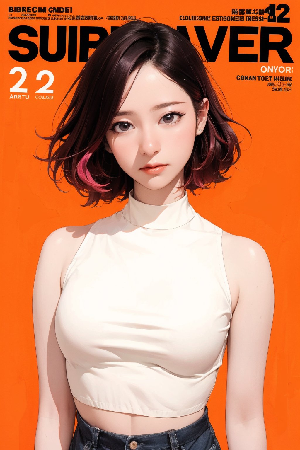 1girl, looking at viewer, styled clothes, turtle neck croptop, sleeveless, hairstyle, sharp focus, magazine cover, coloful background, 2D artstyle, outline, chimai,hine