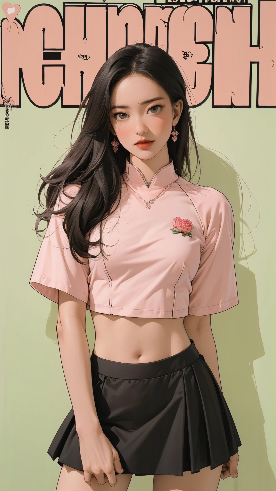 1girl, standing, thigh up body, ((looking at viewer, tennis girl outfit, miniskirt, midriff,)) center opening, 2D artstyle, magazine cover, outline, earings, blush, green background, hairstyle, ultra detailed, best quality, sharp focus,rosé,jisoo,shuhua,kn