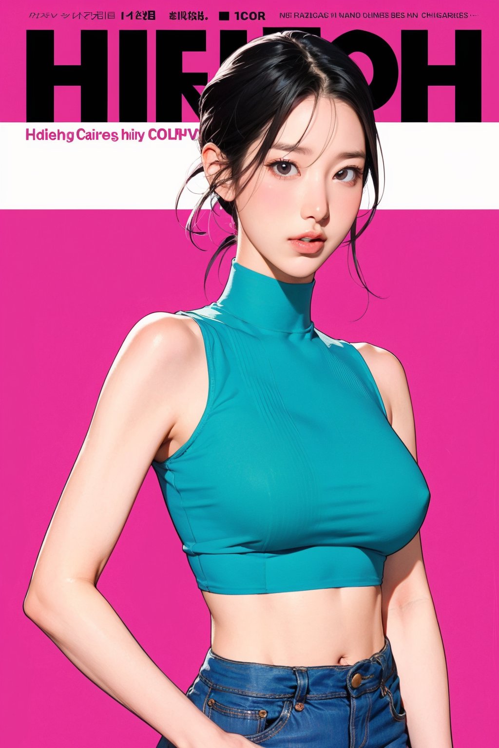 1girl, looking at viewer, styled clothes, turtle neck croptop, sleeveless, hairstyle, sharp focus, magazine cover, coloful background, 2D artstyle, outline, 

chimai,hine,hakil,yuong01,johyun