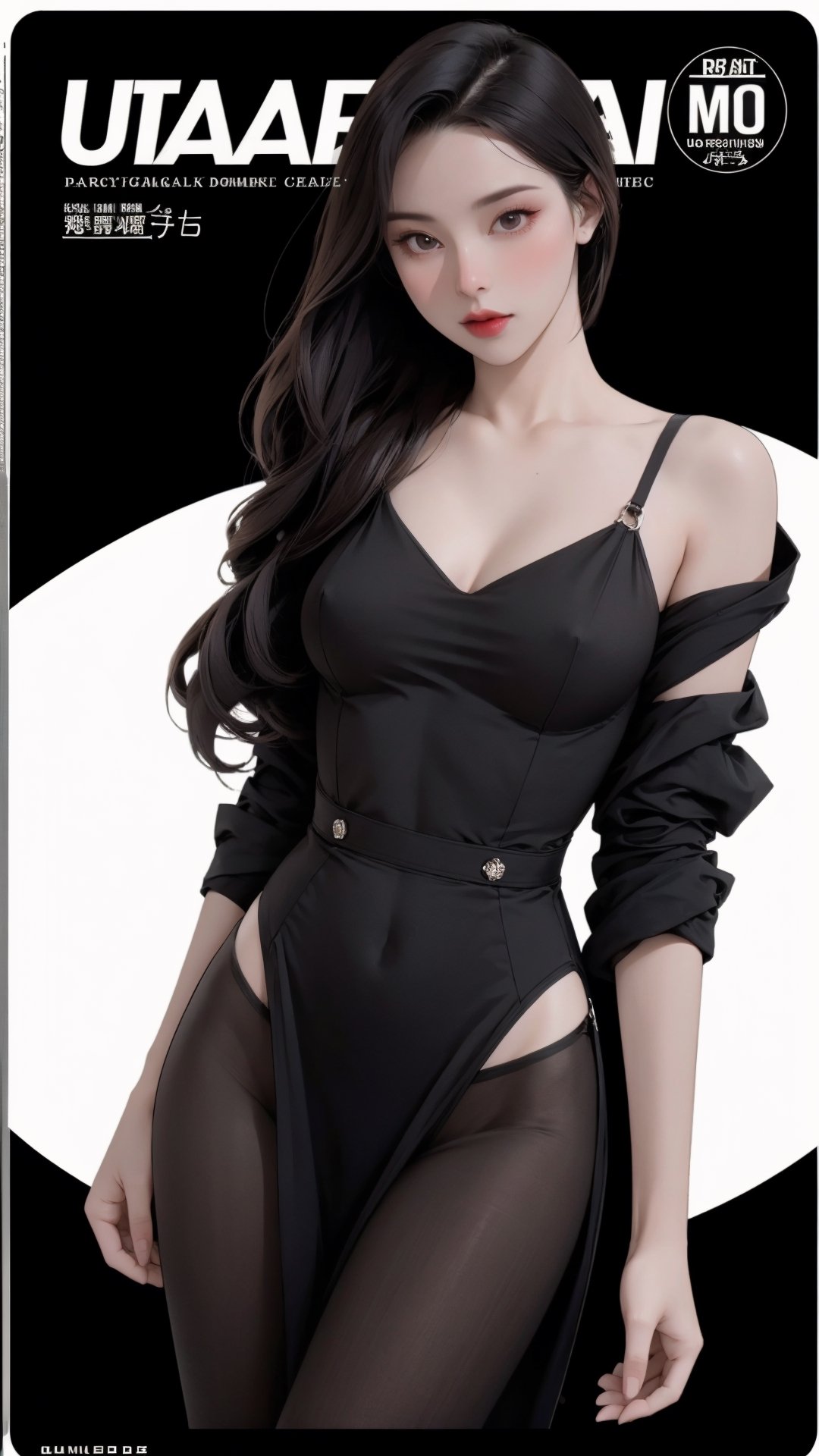 1girl, looking at viewer, thigh up body, sexy and elegant, black background, cutout clothing, hairstyle, cinematic composition, styled clothes,  ultra detailed, best quality, sharp focus, magazine cover, outline, 2D artstyle, htt,haohaoulz