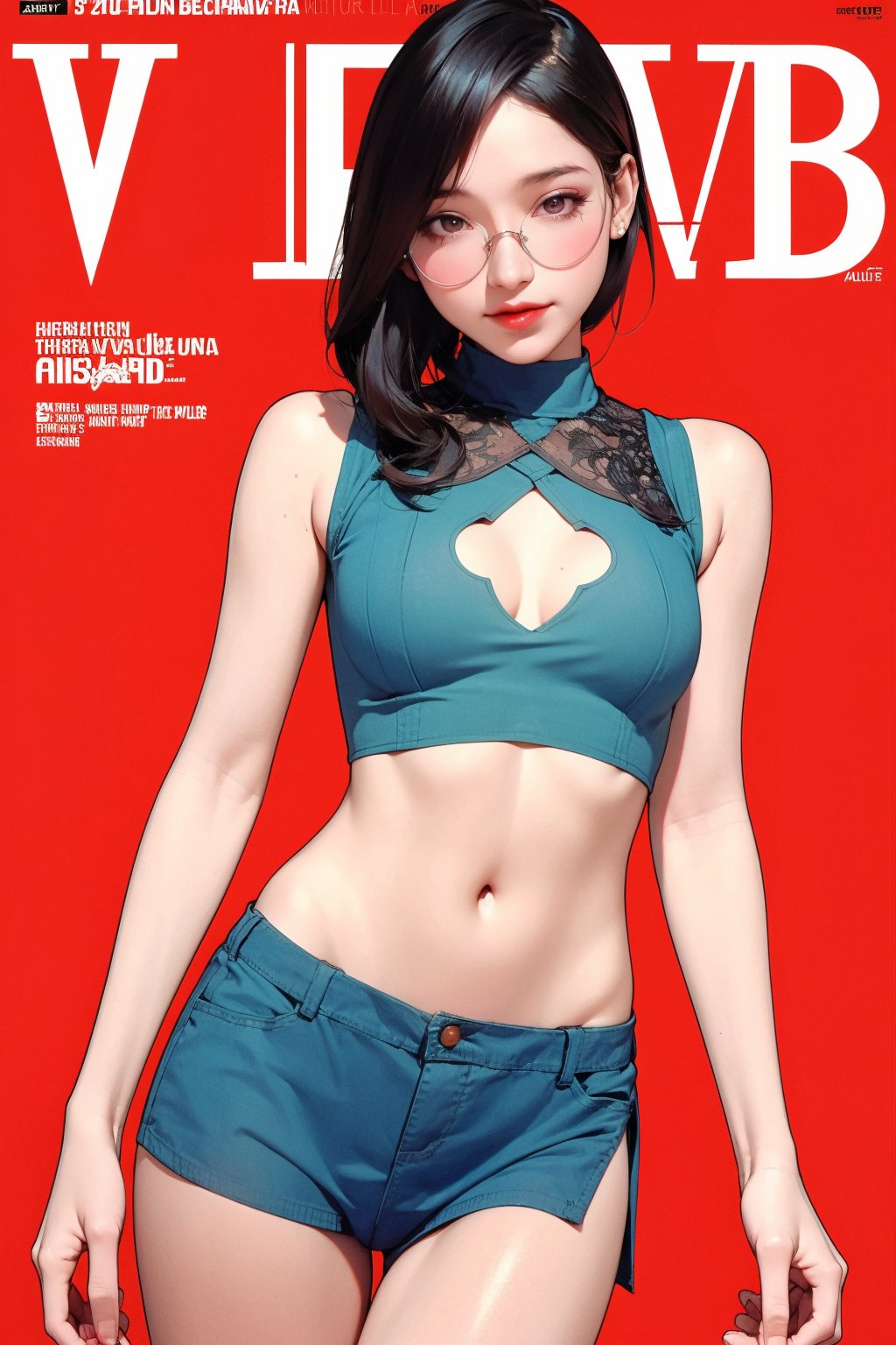 allure, lustful, 1girl, thigh up body, looking at viewer, translucent, intricate clothes, cutout clothes, ((sleeveless, navel)), cinematic lighting, hairstyle, magazine cover, red background, hakil, eyeglasses,