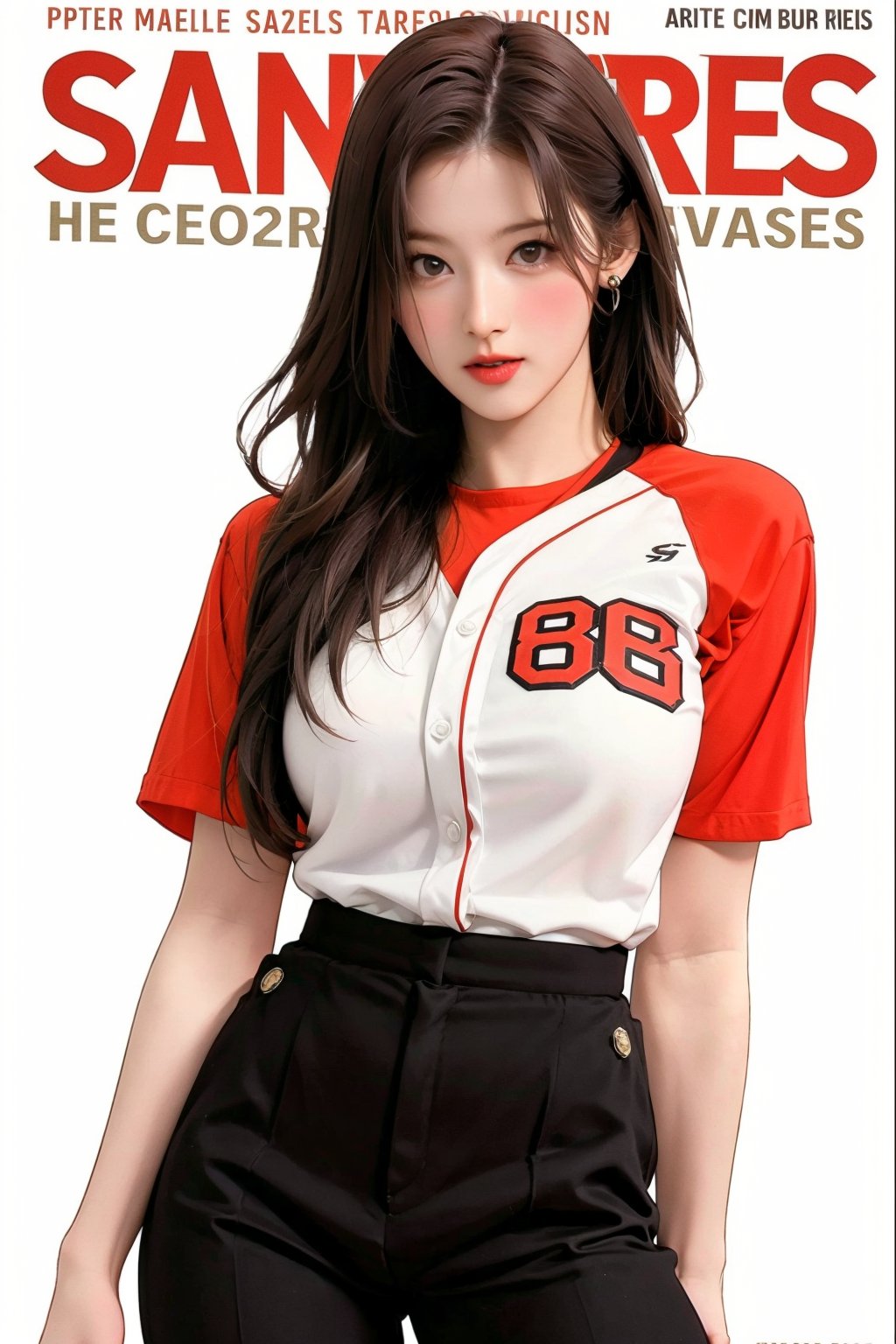 1girl, thigh up body, baseball girl outfit, looking at viewer, detailed clothes, earrings, sanatw, magazine cover, dynamic angle,