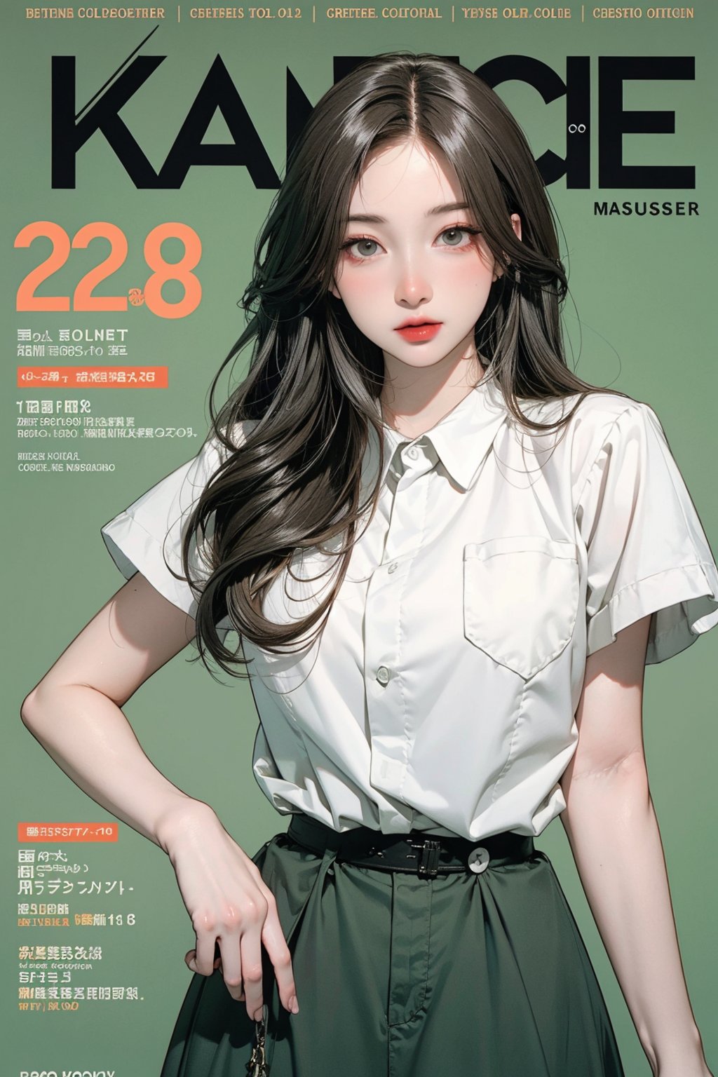 nsfw, 1girl, hip up body, looking at viewer,  different color hair, kpop idol, styled outfit, professional lighting, different hairstyle, coloful, magazine cover, best quality, masterpiece, green background,htt