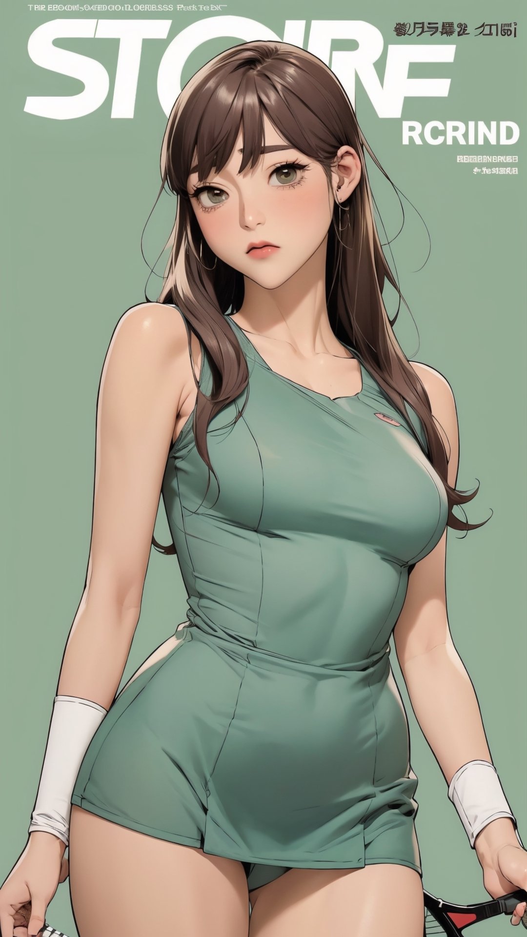 1girl, standing, thigh up body, ((looking at viewer, tennis girl outfit, center opening,)) 2D artstyle, magazine cover, outline, earings, blush, green background, hairstyle, ultra detailed, best quality, sharp focus, ,DiaSondef,sophiesw,Mia 