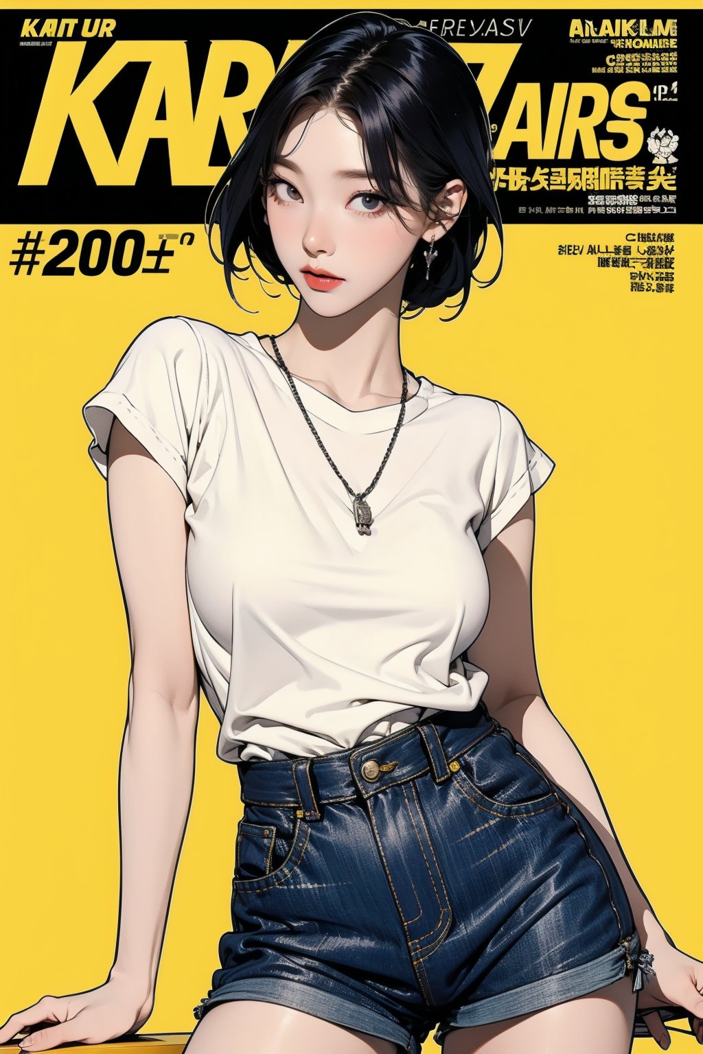 1girl, thigh up body, detailed clothes, kpop idol, short length hair, 2_braided_hair, blunt bangs, looking at viewer, sharp focus, magazine cover, yellow background, ((outline,)) chimai, aespakarina,sanatw