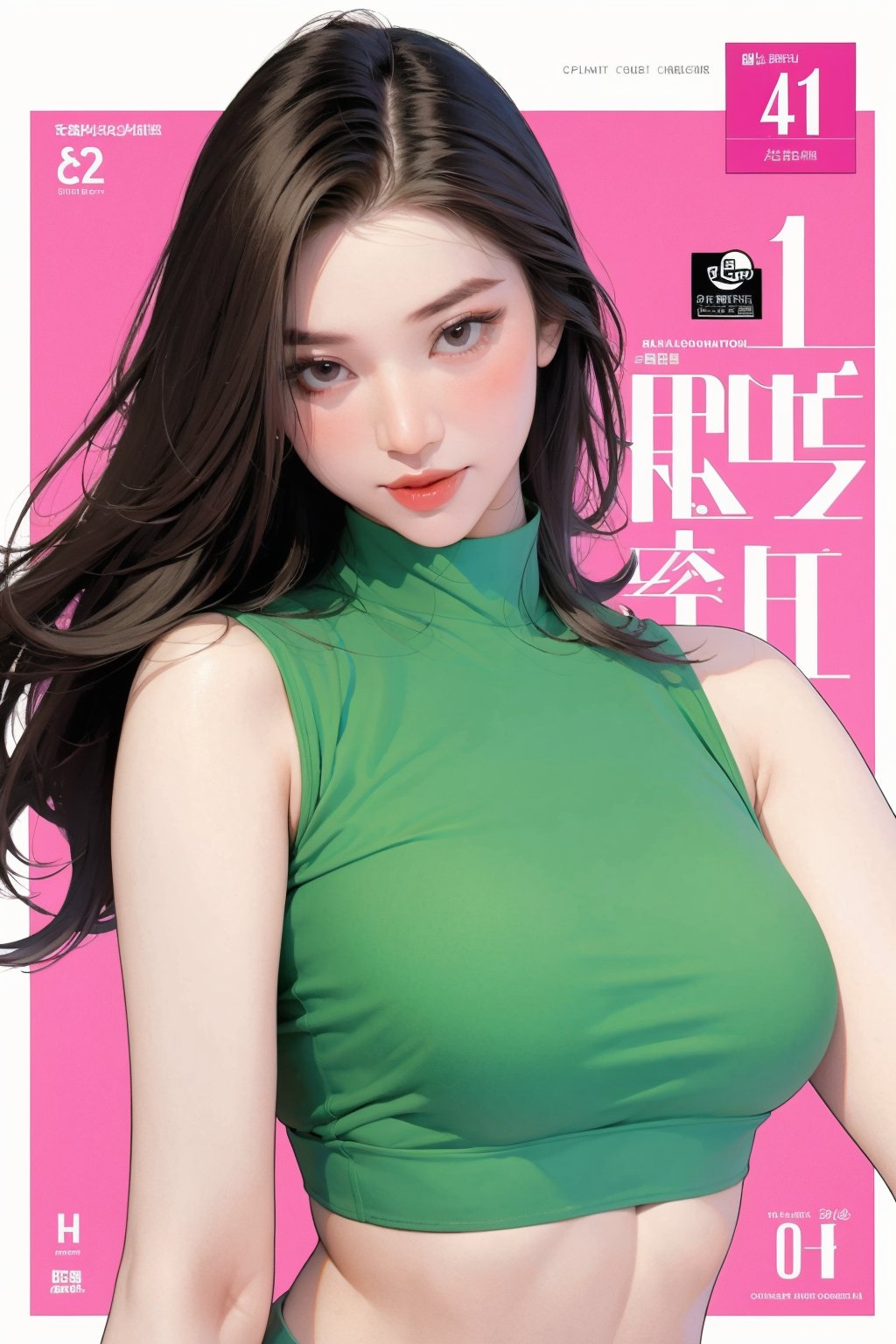 1girl, looking at viewer, styled clothes, turtle neck croptop, sleeveless, hairstyle, sharp focus, magazine cover, coloful background, 2D artstyle, outline, 

chimai,hine,hakil,yuong01,johyun,sim,haohaoulz,kn