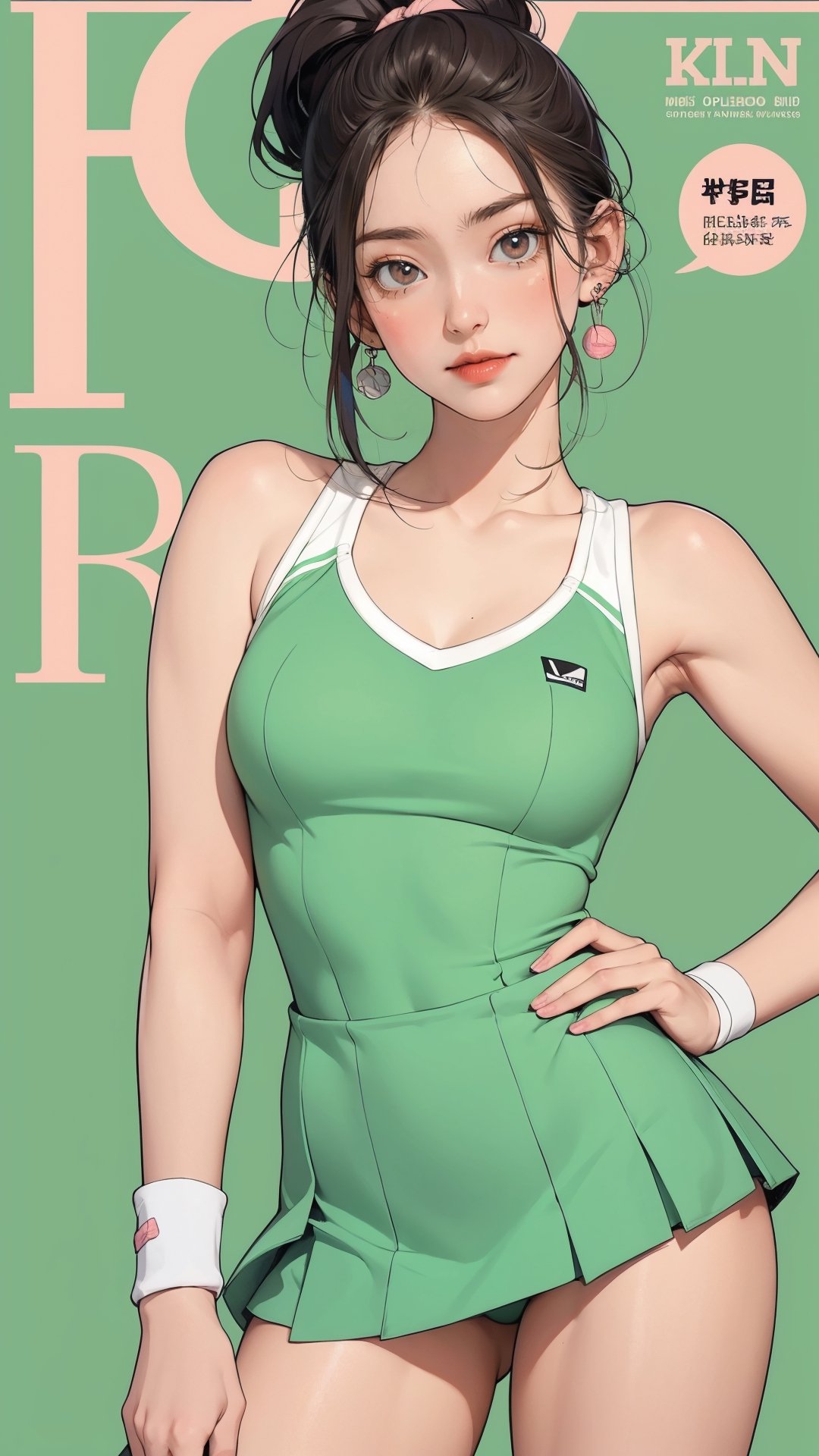 1girl, standing, thigh up body, ((looking at viewer, tennis girl outfit,)) 2D artstyle, magazine cover, outline, earings, blush, green background, hairstyle, ultra detailed, best quality, sharp focus,rosé,jisoo,shuhua,kn