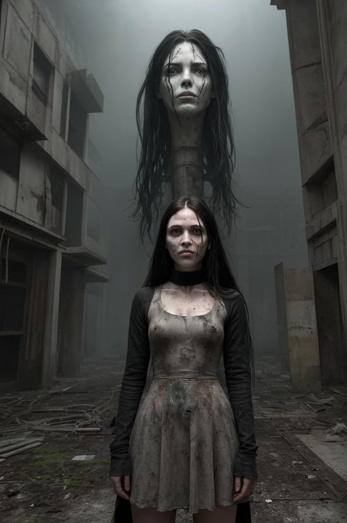 generate an image using this prompt: The image portrays a haunting and surreal scene set in an eerie, abandoned courtyard of a dilapidated building. The overall atmosphere is imbued with a greenish, foggy mist, enhancing the unsettling mood.
Foreground:
Young Girl (Foreground):
Appearance: The girl has a pale complexion with dark, straight hair that reaches her shoulders. Her bangs are cut straight across her forehead.
Expression: She wears a solemn and vacant expression, with slightly parted lips and eyes staring directly at the viewer. Her eyes appear dark and deep-set, contributing to the eerie atmosphere.
Attire: She is dressed in a black, long-sleeve dress with a white collar, resembling a school uniform. The contrast between the black dress and white collar is striking and adds to the starkness of her presence.
Midground:
Another Figure:
Position: A second girl stands further back in the middle of the courtyard, with her back turned towards the camera.
Appearance: Similar in age and attire to the girl in the foreground, she also wears a dark dress, white socks, and black shoes. Her hair is slightly longer, reaching past her shoulders.
Posture: She stands still, facing the large, looming figure in the background, adding to the sense of mystery and tension.
Background:
Giant Head Sculpture:
Appearance: The most dominant and surreal element in the scene is the gigantic, ominous head sculpture hanging on the building's facade.
Features: The sculpture has a human-like face with exaggerated, hollow eyes that glow with an eerie, red light. The mouth is slightly open, and the overall expression is lifeless yet imposing.
Size and Position: It spans the height of the building’s second and third floors, dominating the background. The head’s black hair appears unkempt and blends into the shadows.
Building:
Condition: The building itself is in a state of decay, with peeling paint and rust stains on the walls. The windows are either broken or obscured by grime.
Structure: It is a multi-story building with an open courtyard in the middle. The architecture is utilitarian, with visible pipes and structural elements exposed, contributing to the desolate atmosphere.
Overall Atmosphere:
Lighting: The greenish, foggy mist casts a diffuse light over the entire scene, muting colors and creating a dreamlike, otherworldly quality. The red glow from the giant head's eyes contrasts sharply with the otherwise green-dominated palette.
Mood: The image exudes a sense of unease, mystery, and desolation. The combination of the children’s presence, the decaying setting, and the surreal head sculpture evokes feelings of discomfort and curiosity.