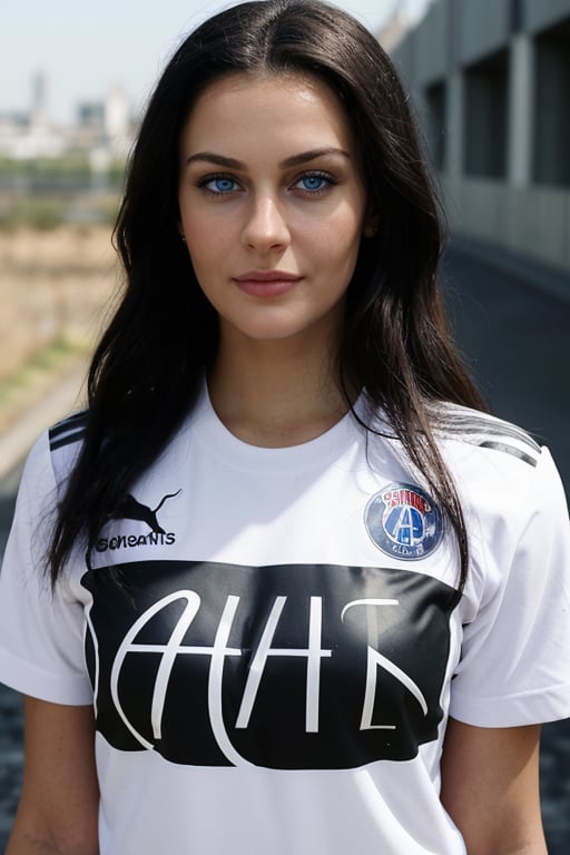 Full body photo of 1i7t713r-smf woman,
(greater details in definitions of face and eyes), clear face, clear eyes, (realistic and detailed skin textures), (extremely clear image, UHD, resembling realistic professional photographs, film grain), a pretty nordic girl wearing a white and grey sports jersey with the text “QATAR AIRWAYS” printed across the front. The person’s face is nordic girl, and she standing against a moss concrete wall. The concrete wall is illuminated by bright sunlight. The person is actually wearing a Paris Saint-Germain (PSG) football team kit with “QATAR AIRWAYS” printed in black text across the front of the jersey. Above the text, there’s a logo consisting of a circle with intricate designs inside it, and below it, there’s Puma’s logo (a jumping cat). One arm of the individual is visible, displaying tattoos on their skin
, 