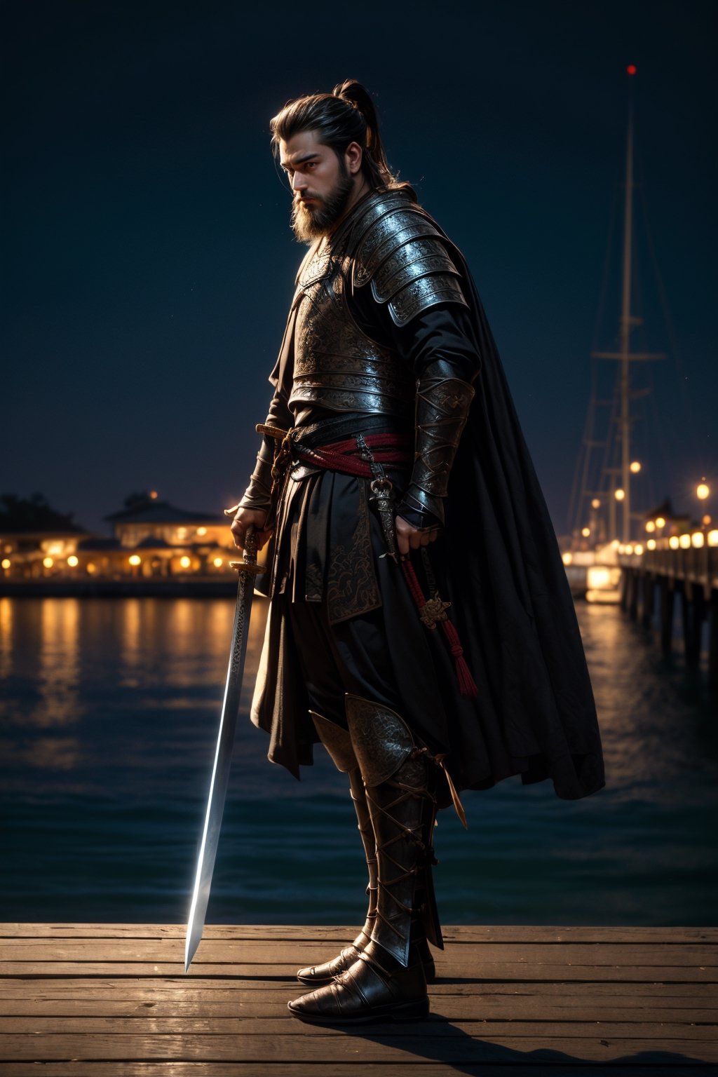 A handsome bearded young prince with tied up hairstyle standing in the small pier wearing full armor carrying sword and shield, blue hour, ((low angle)), full body, epic background, into the dark, deep shadow, cinematic, masterpiece, best quality, high resolution,yofukashi background