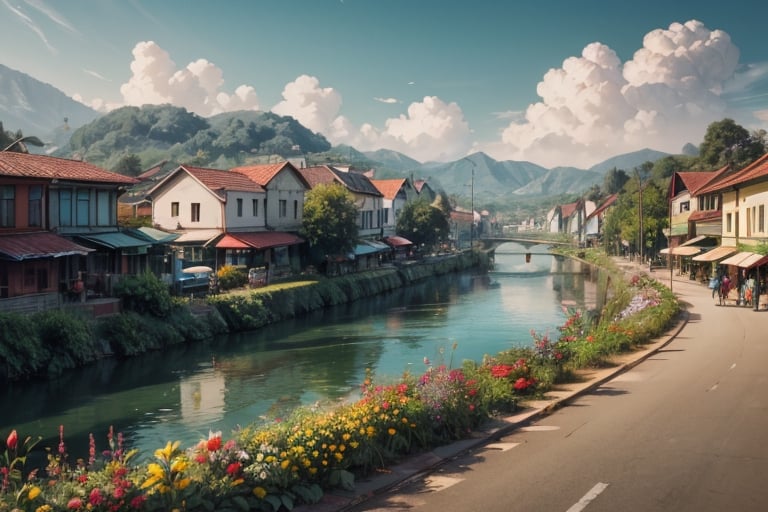 Landscape, photography, Indonesian small town, flower, bicycle, city, daylight, epic, cinematic, river, ornate, realistic, 4k