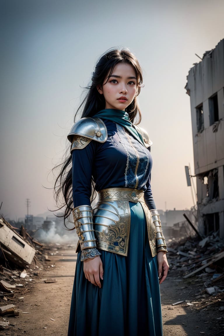 A beautiful indonesian girl warrior, with piercing blue eyes and long flowing blue hair, wearing intricately crafted armor adorned with traditional motifs, standing defiantly amidst the chaos of a war zone scene set in a desolate landscape with smoke-filled skies, rubble-strewn ground, and the distant sound of battle, high resolution, cinematic quality