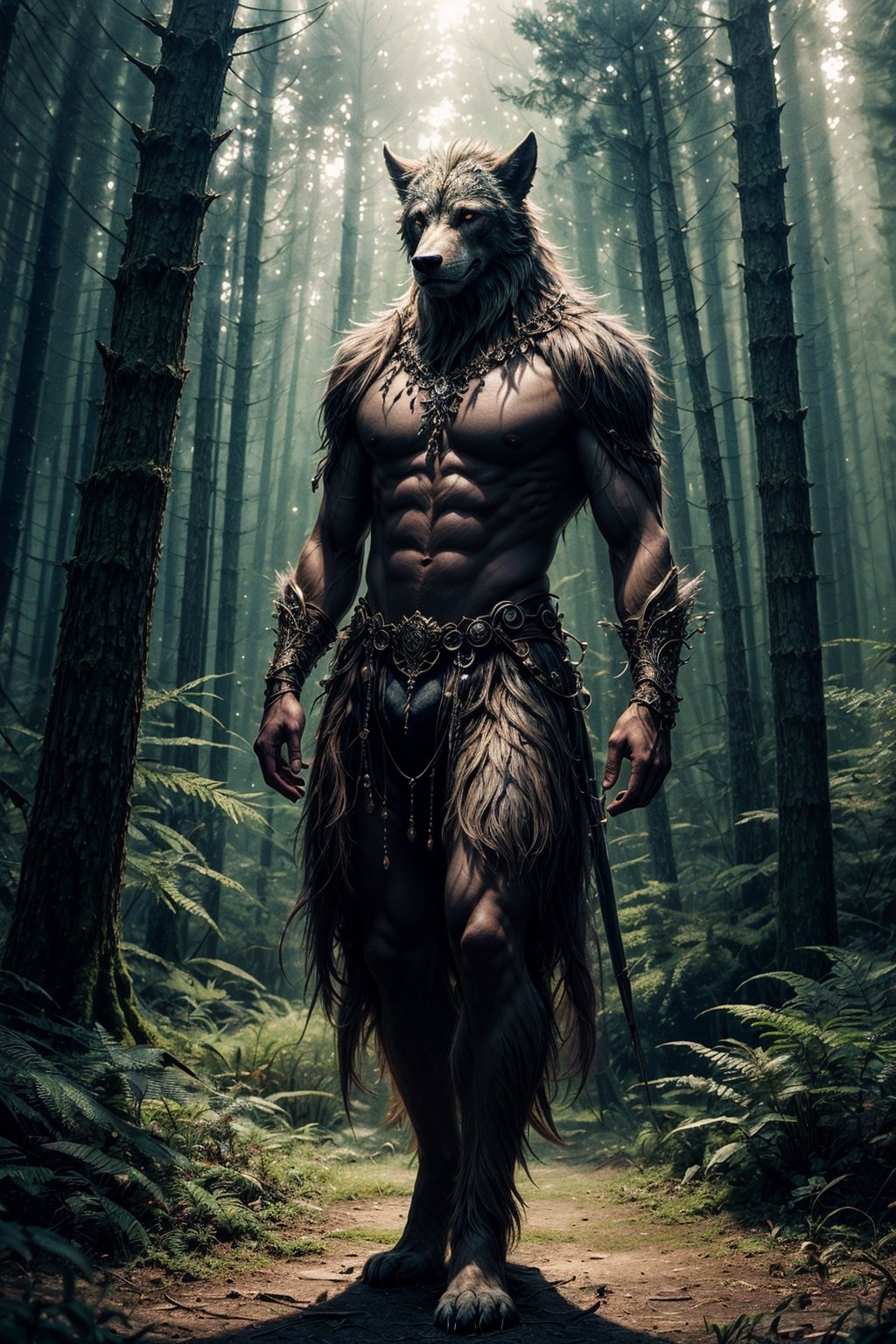 A fantastical full-body portrait of a mythical creature,  half-human and half-beast,  standing tall in a mythical forest....