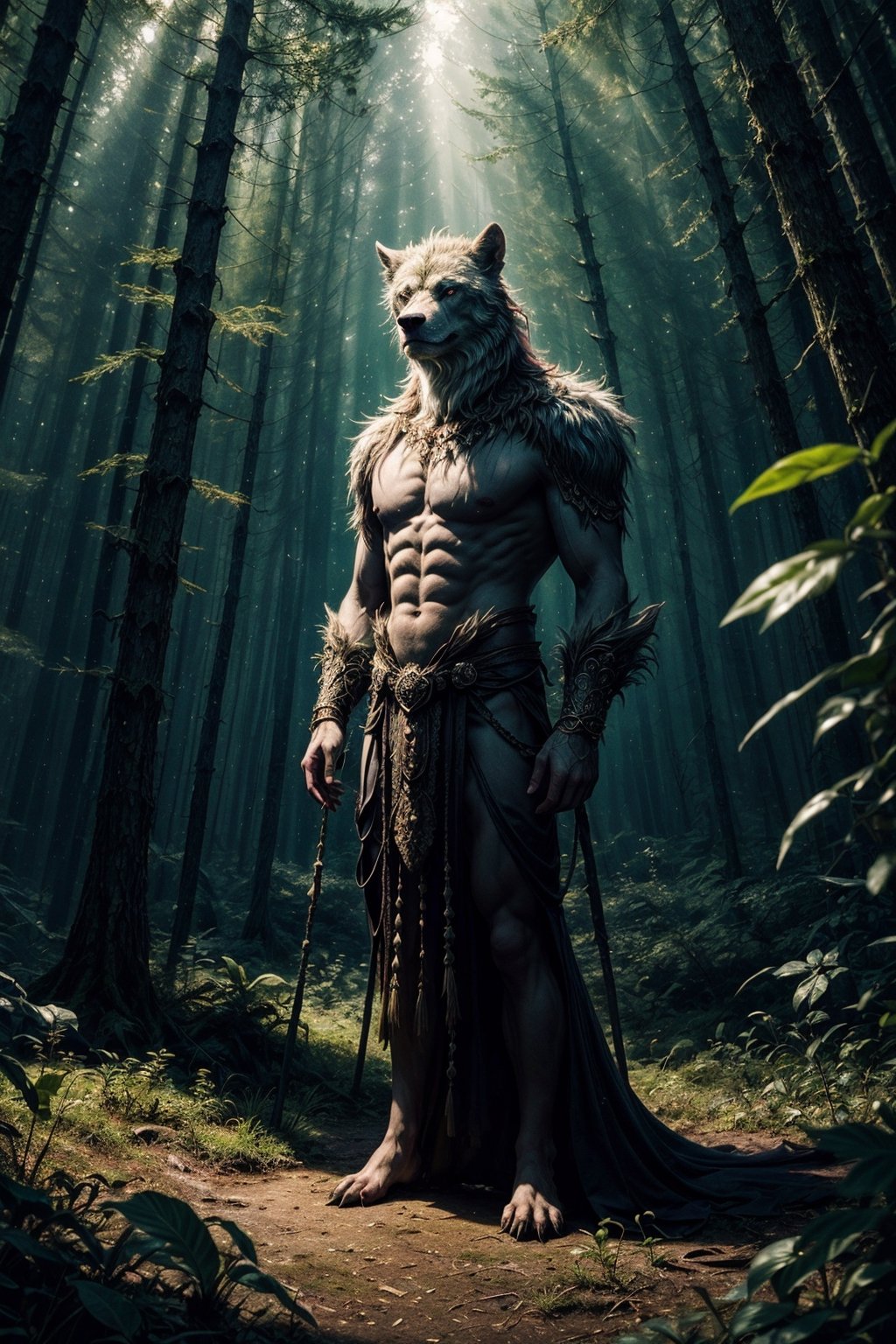 A fantastical full-body portrait of a mythical creature,  half-human and half-beast,  standing tall in a mythical forest....