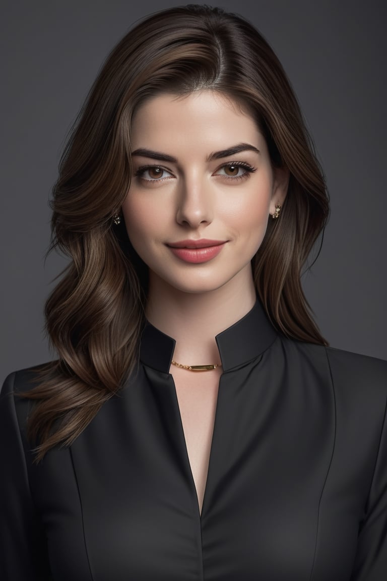 craft a hyper realistic vertical photo of Indian most attractive serious woman in her 30s in black-white shirt suit dress, Choker Necklace Belt, extra big chest, 36D, Trendsetter wolf cut brown hair, trending on artstation, portrait, digital art, modern, sleek, highly detailed, formal, serious, determined, CEO, colorized, smooth, charming, pretty, soft smile, soft lips, black eyes, anne hathway