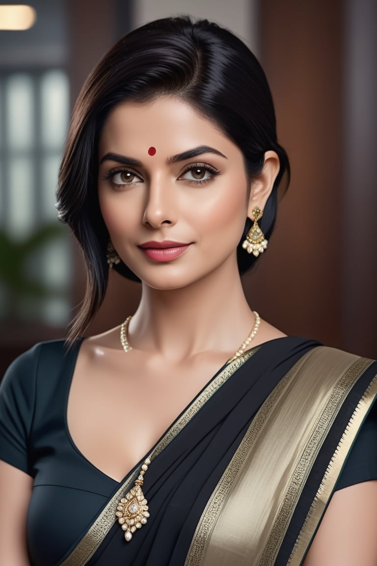 create a hyper realistic vertical photo of Indian most attractive woman in her 40s,  Trendsetter wolf cut black hair,  tre...