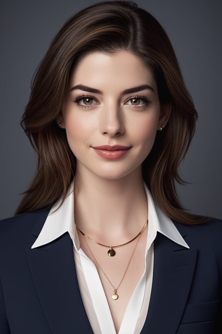 craft a hyper realistic vertical photo of Indian most attractive serious woman in her 30s in dark blue-white shirt suit dress, Choker Necklace Belt, extra big chest, 36D, Trendsetter wolf cut brown hair, trending on artstation, portrait, digital art, modern, sleek, highly detailed, formal, serious, determined, CEO, colorized, smooth, charming, pretty, soft smile, soft lips, black eyes, anne hathway