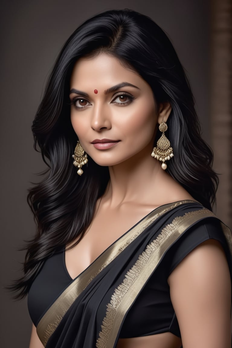 create a hyper realistic vertical photo of Indian most attractive woman in her 40s, Trendsetter wolf cut black hair, trending on artstation, portrait, digital art, modern, sleek, highly detailed, formal, determined, 36D ,  fairy tone, saree, Michelle Pfeiffer, navel show


