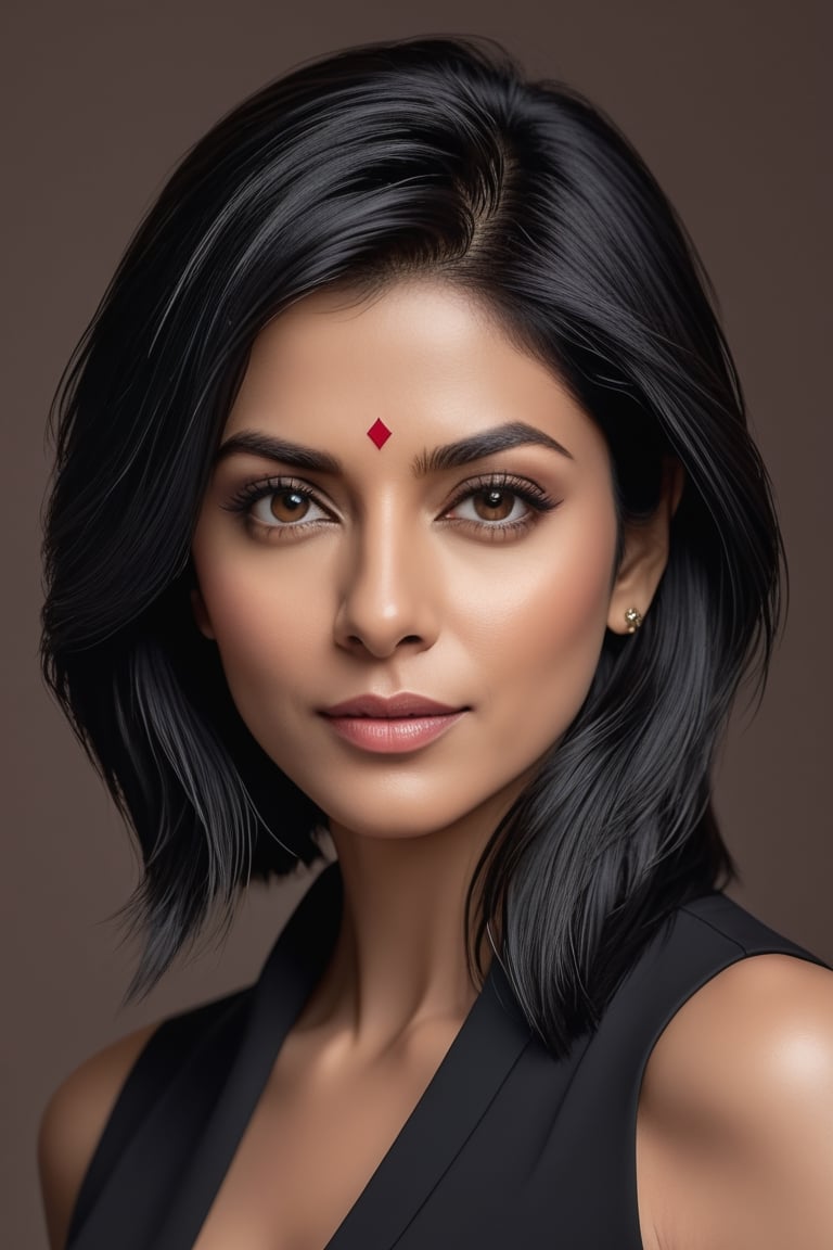 create a hyper realistic vertical photo of Indian most attractive woman in her 40s, Trendsetter wolf cut black hair, trending on artstation, portrait, digital art, modern, sleek, highly detailed, formal, determined, 36D ,  fairy tone, sharrukh khan